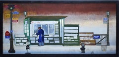 Antique American School Modernist WPA Cityscape New York City 42 St Oil Painting