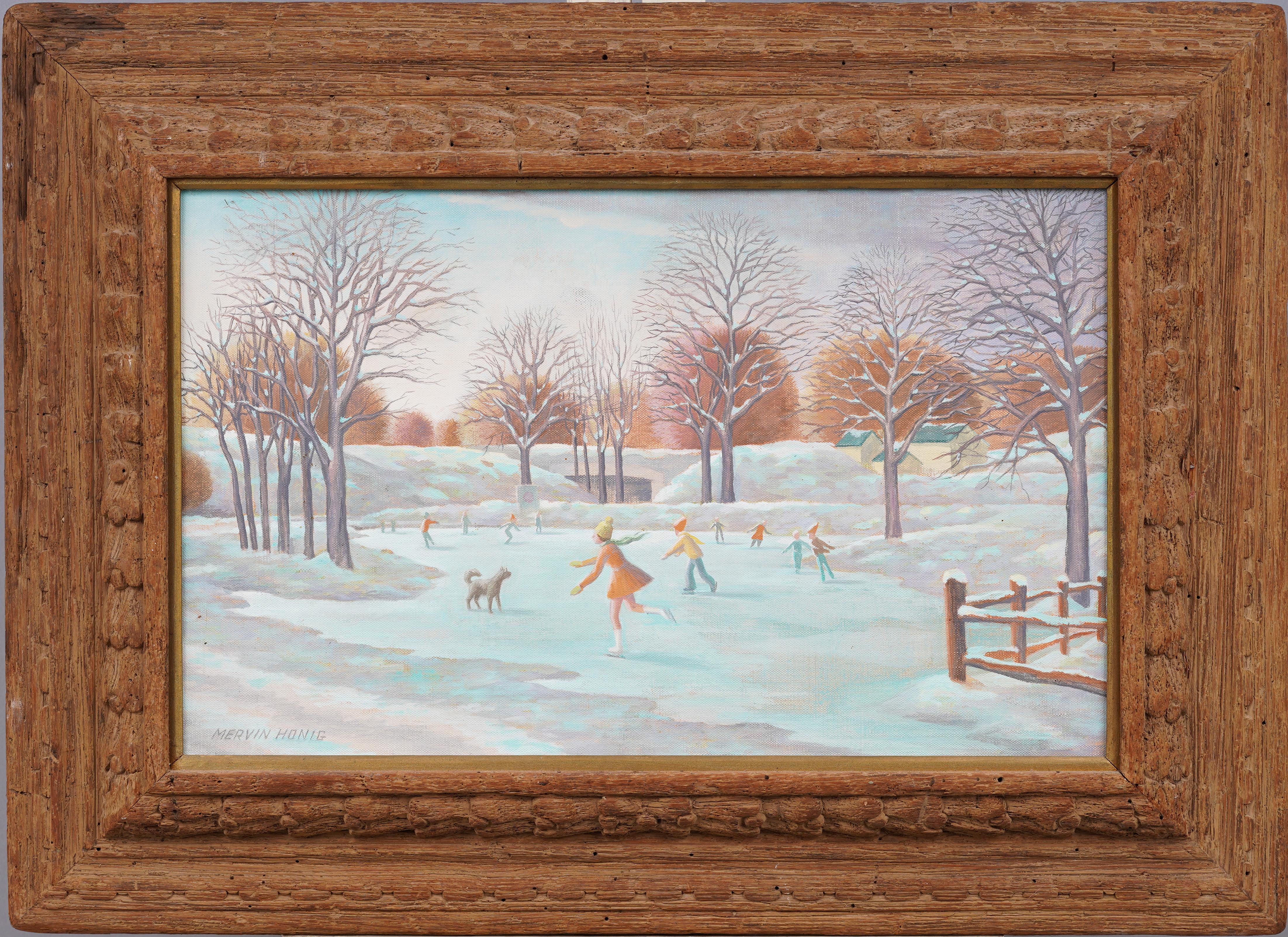 Impressive American modernist winter landscape.  Detailed and well painted skating scene.  Oil on canvas.  Nicely framed.  