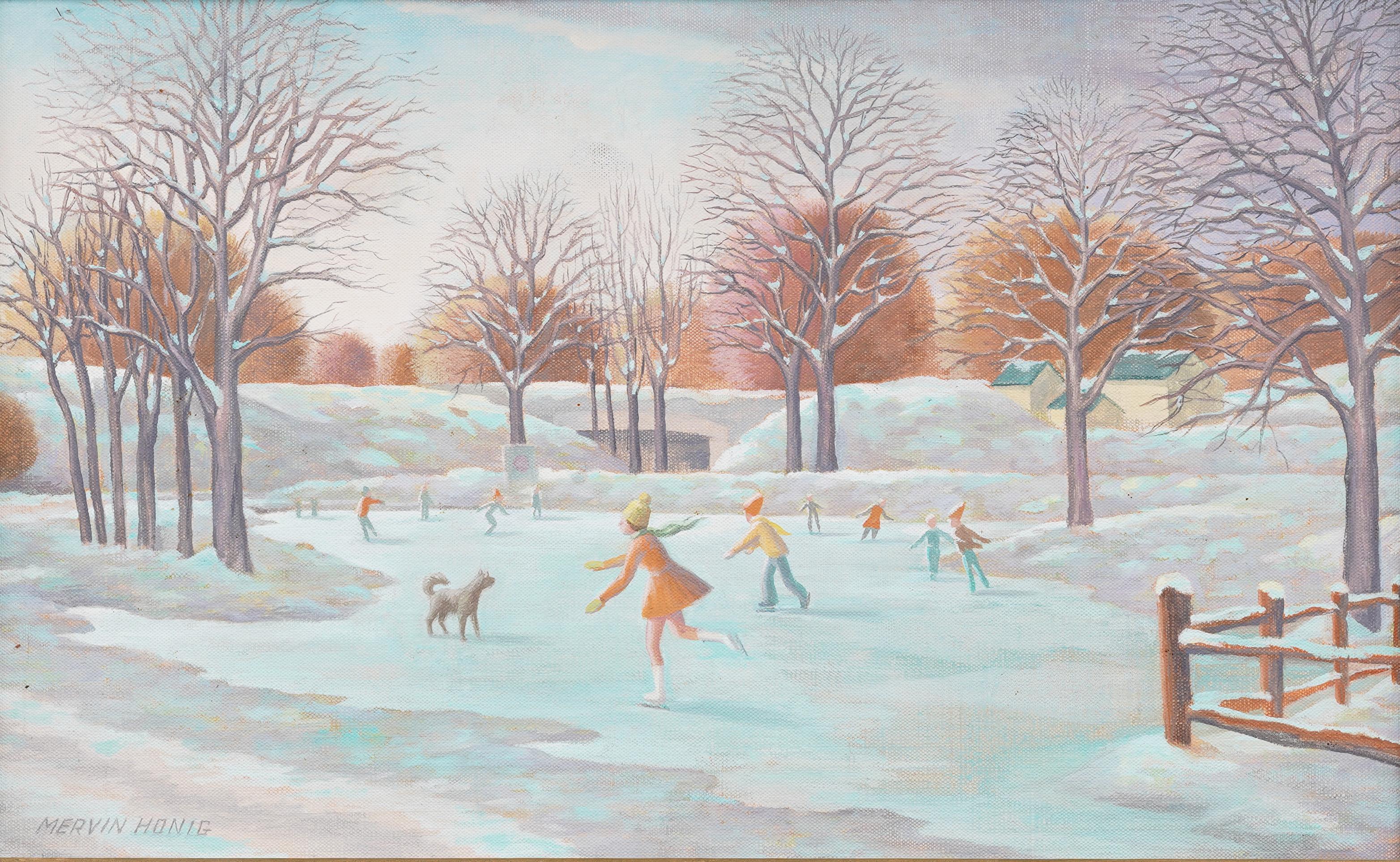 Antique American School Modernist WPA Winter Ice Skating Framed Oil Painting For Sale 1