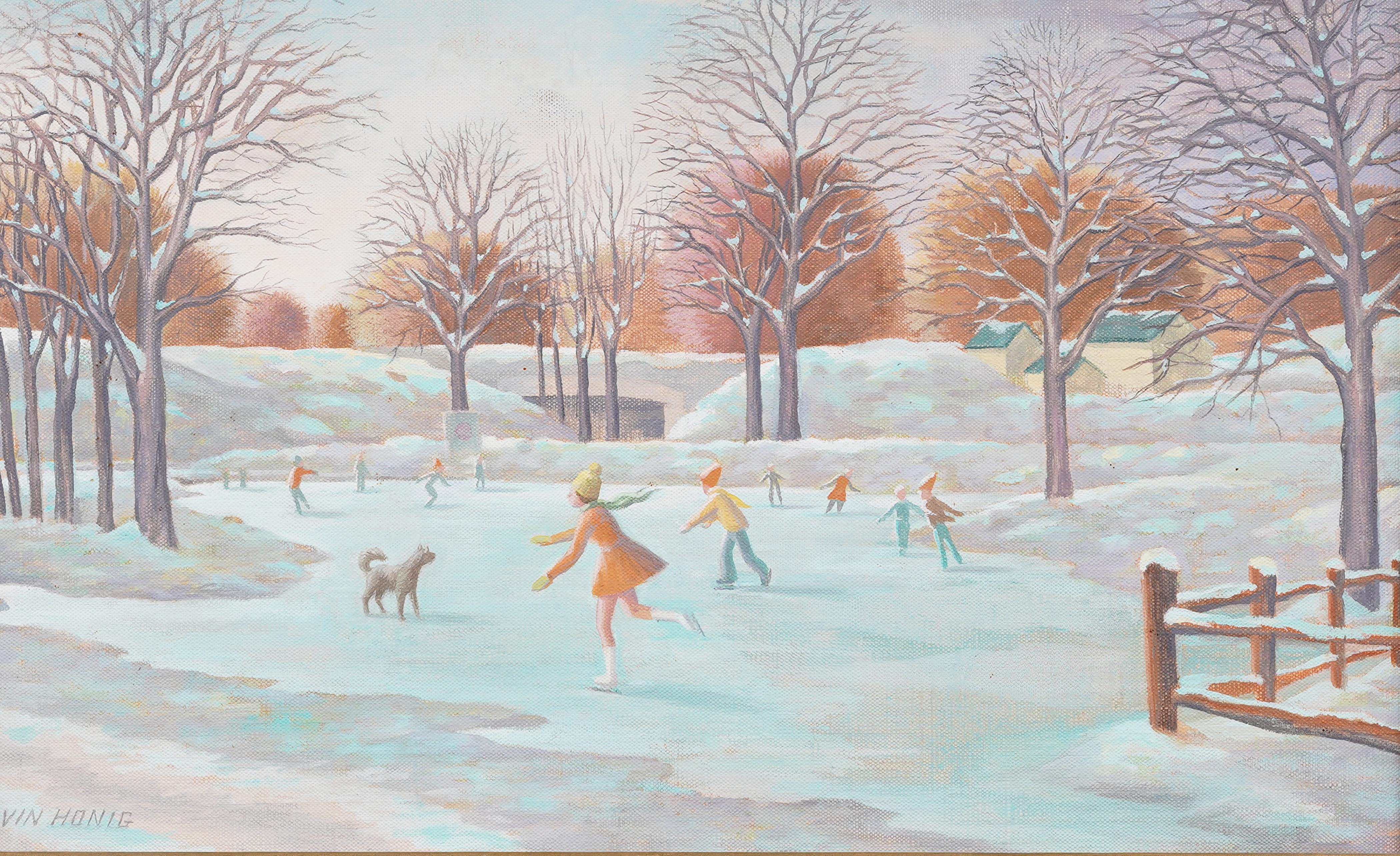 Antique American School Modernist WPA Winter Ice Skating Framed Oil Painting For Sale 2