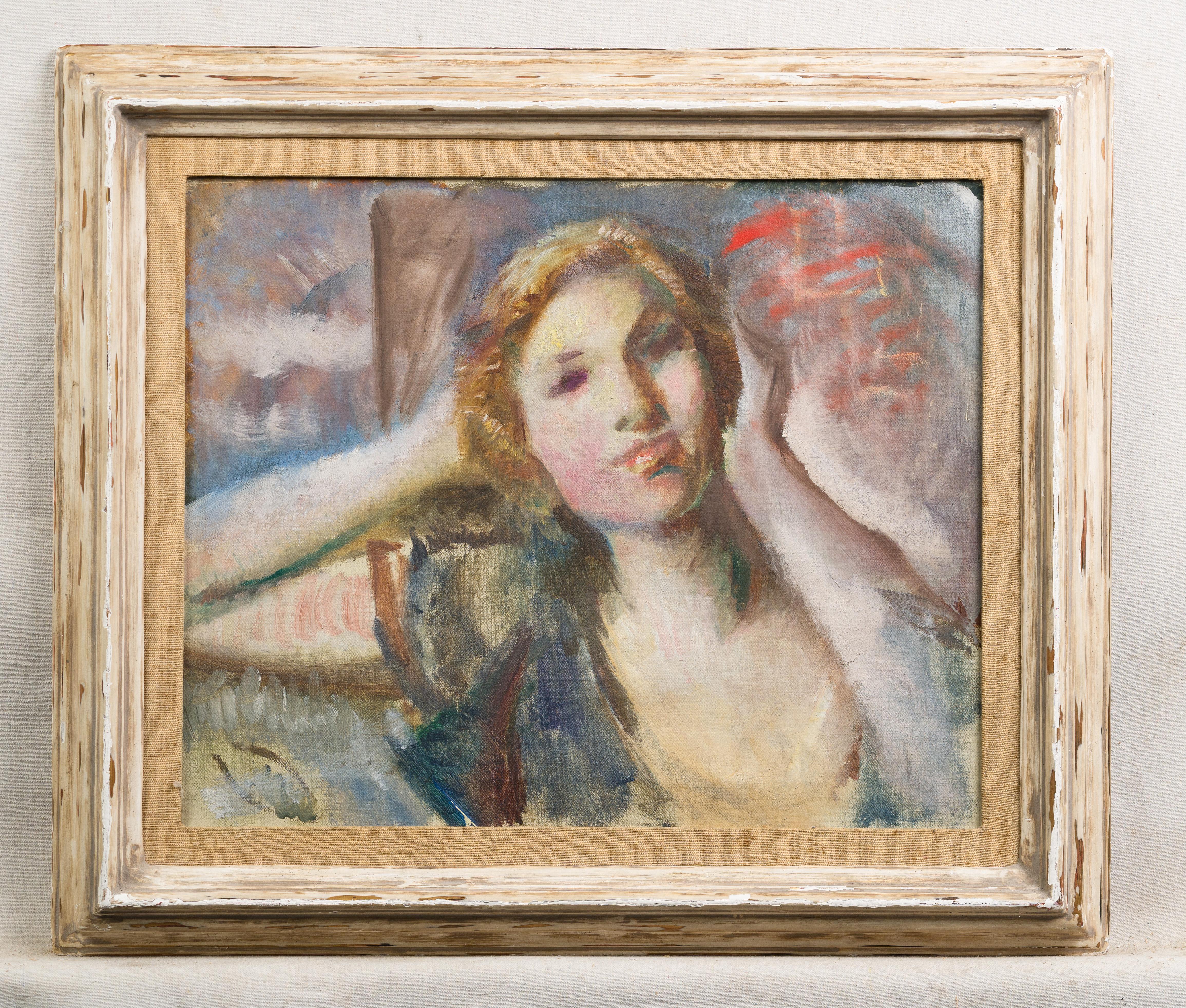 Antique American School Modernist Young Woman Framed Portrait Oil Painting For Sale 1