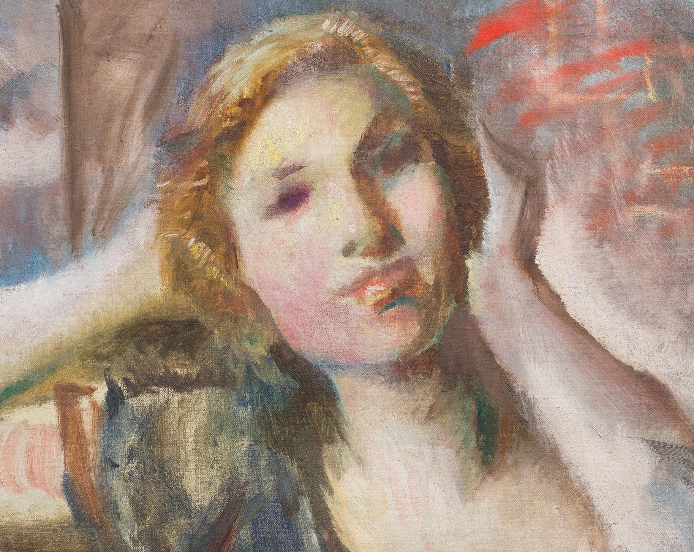 Antiguo retrato modernista americano pintado al óleo.  Óleo sobre lienzo.  Enmarcado.  