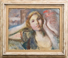 Ancienne peinture à l'huile de portrait encadrée, jeune femme moderniste de l'école américaine