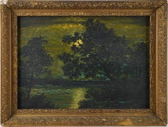 Antique American School Moonlit Lake Nocturnal Landscape 19th C Oil Painting