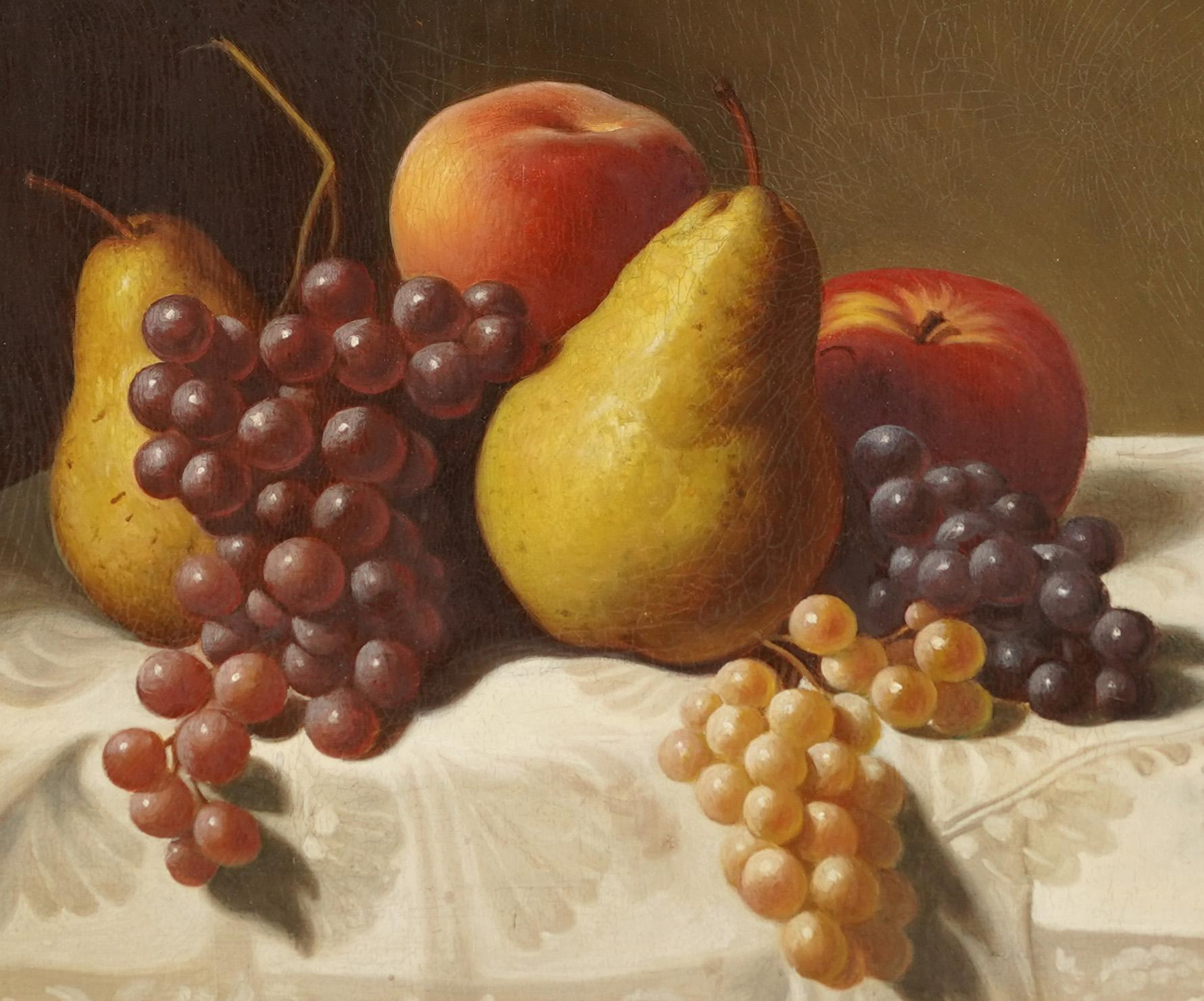 Antique American school realist fruit still life oil painting.  Oil on board.  Unsigned.  Framed.  Image size, 16L x 16H.