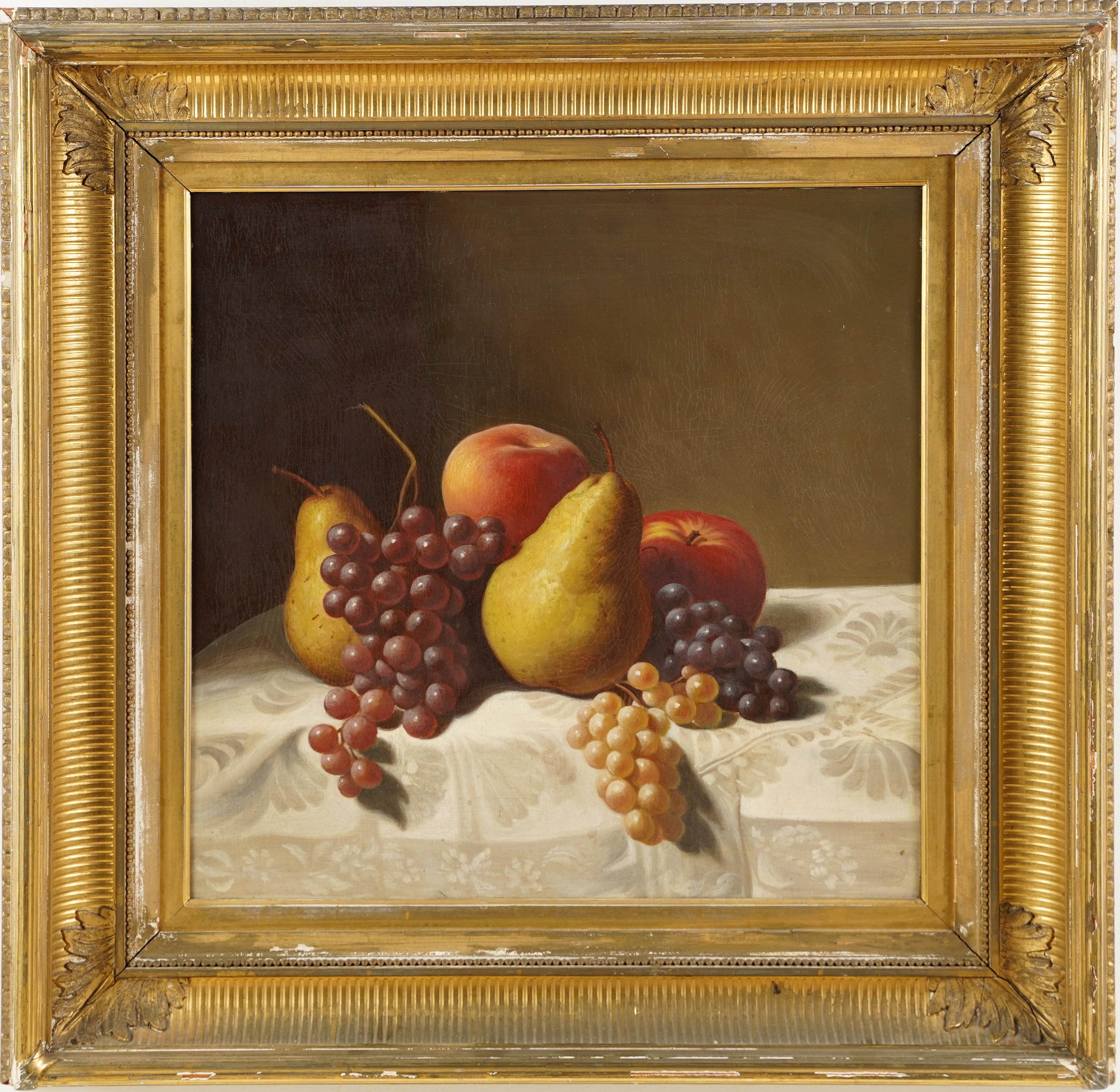 Antiguo cuadro al óleo enmarcado de un bodegón frutal con calidad de museo de la escuela americana