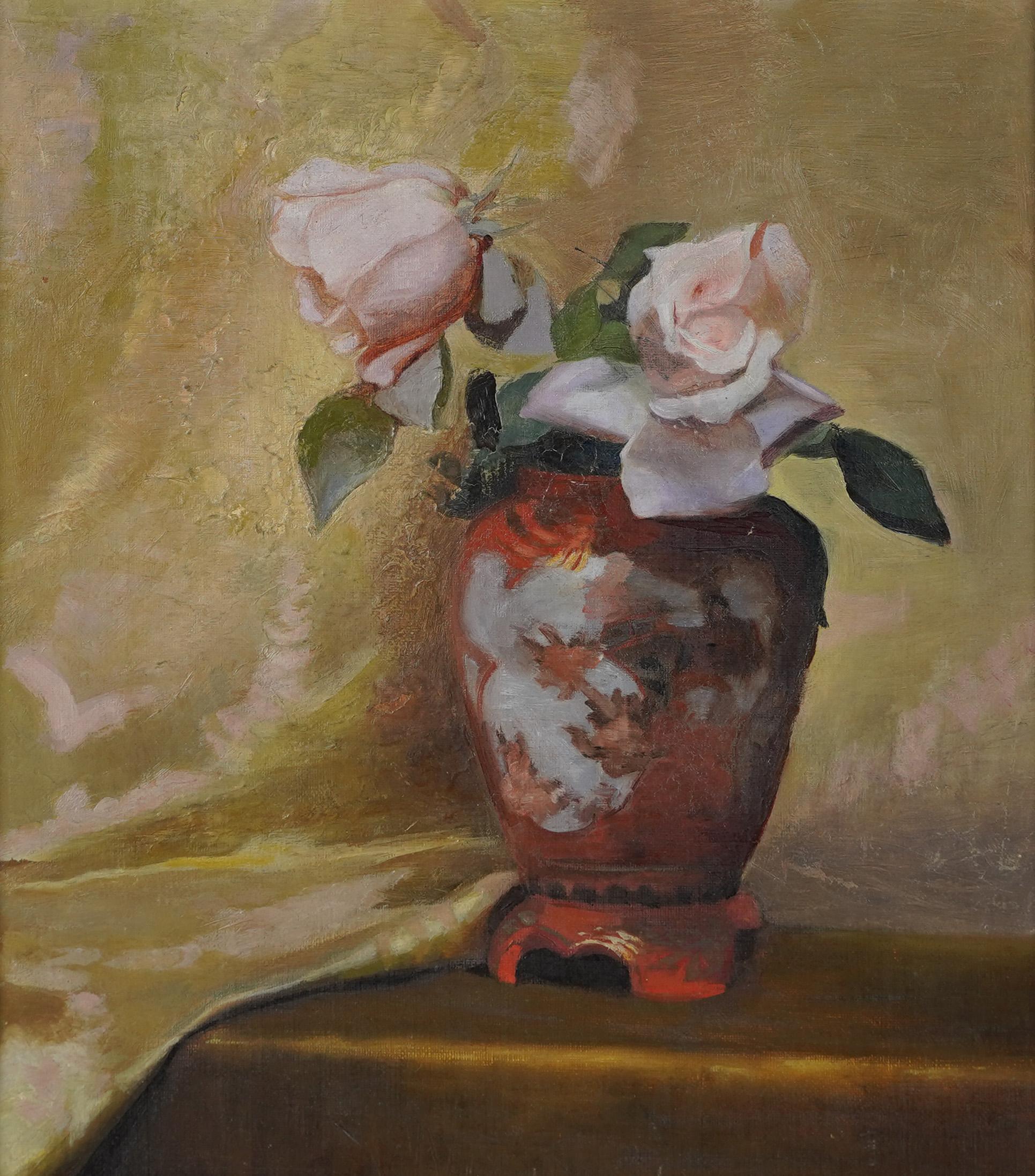  Antique American School Museum Quality Still Life Rose Flower Oil Painting - Brown Interior Painting by Unknown
