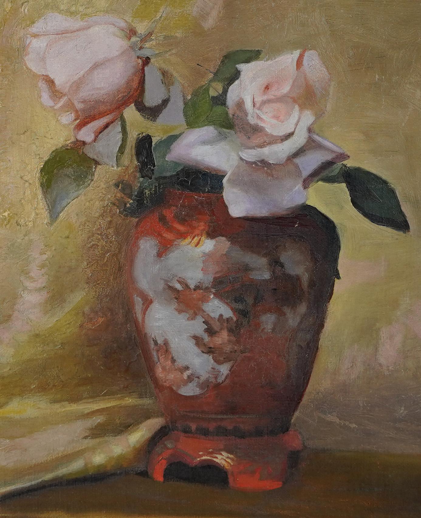 Antique American impressionist rose still life oil painting.  Oil on canvas.  Signed.  Framed.  Image size, 12L x 14H.