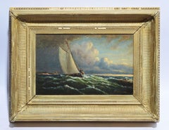 Antique American School Nautical Oil Painting Sailboat Racing New England Coast