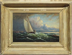 Antique American School Nautical Oil Painting Sailboat Racing New England Coast