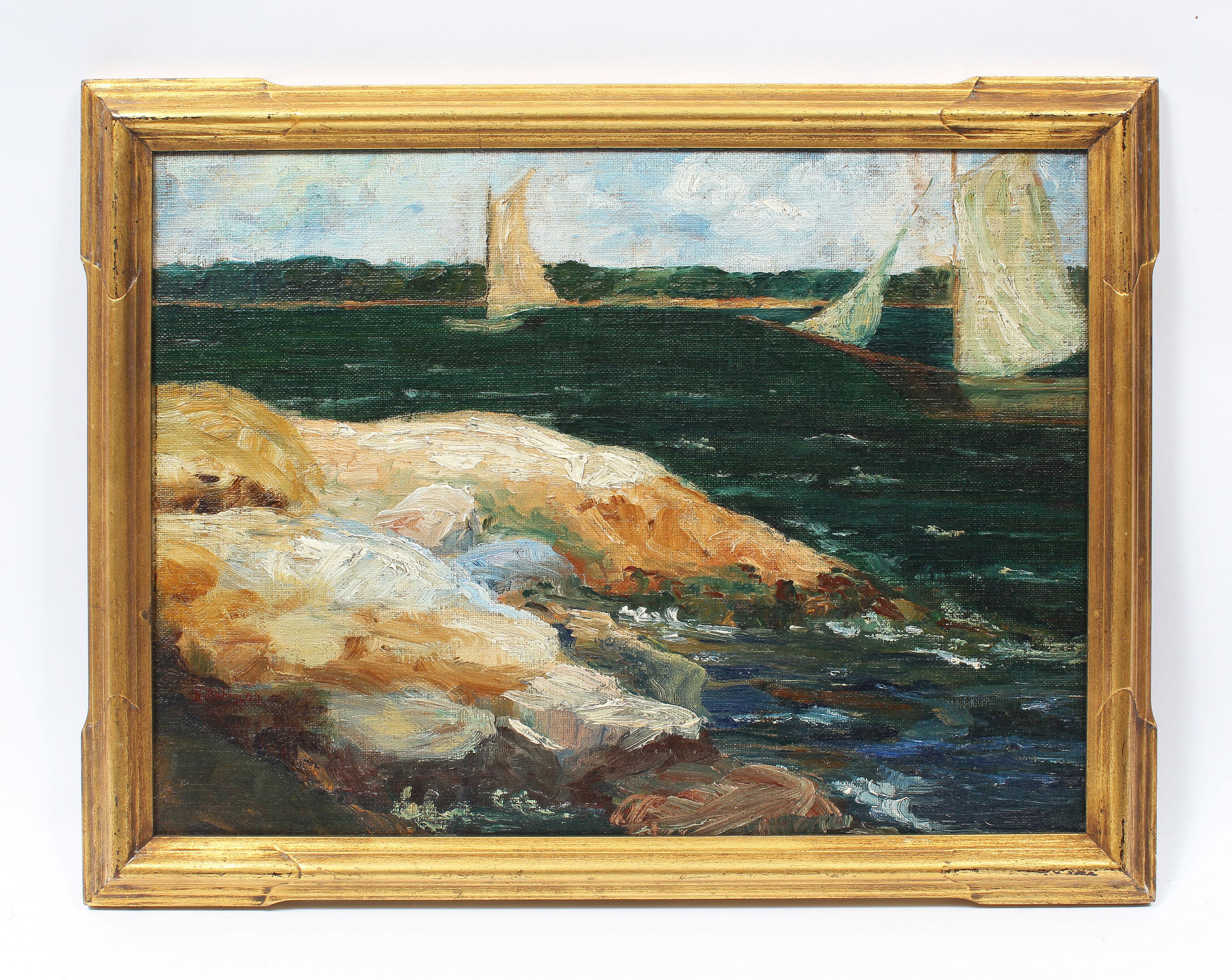 Antique American School New England Coastal Harbor Sailboat Beach Oil Painting - Brown Landscape Painting by Unknown