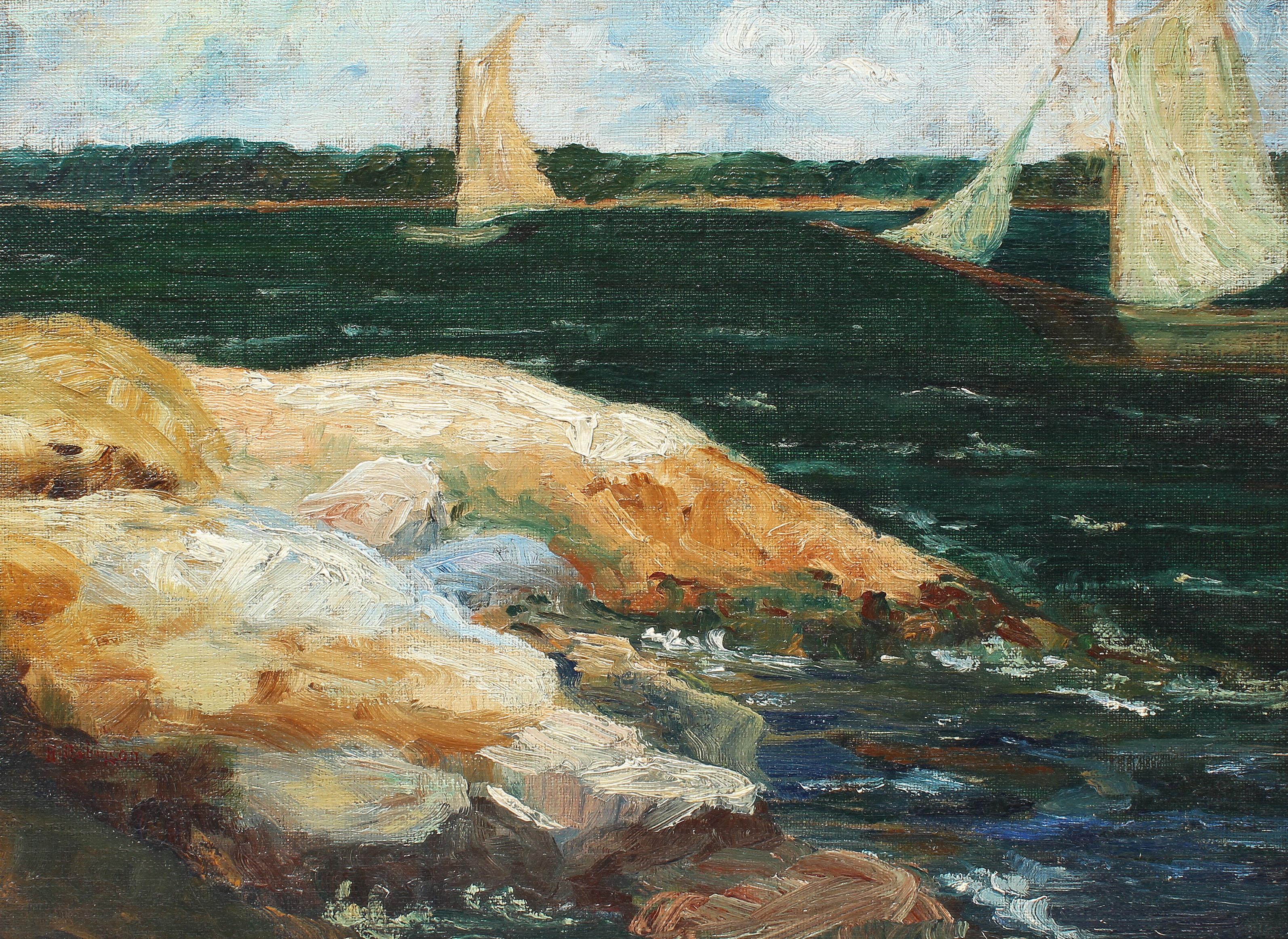 Antique American impressionist coastal landscape oil painting .  Oil on board, circa 1920. No signature found.  Displayed in a period giltwood frame.  Image, 16