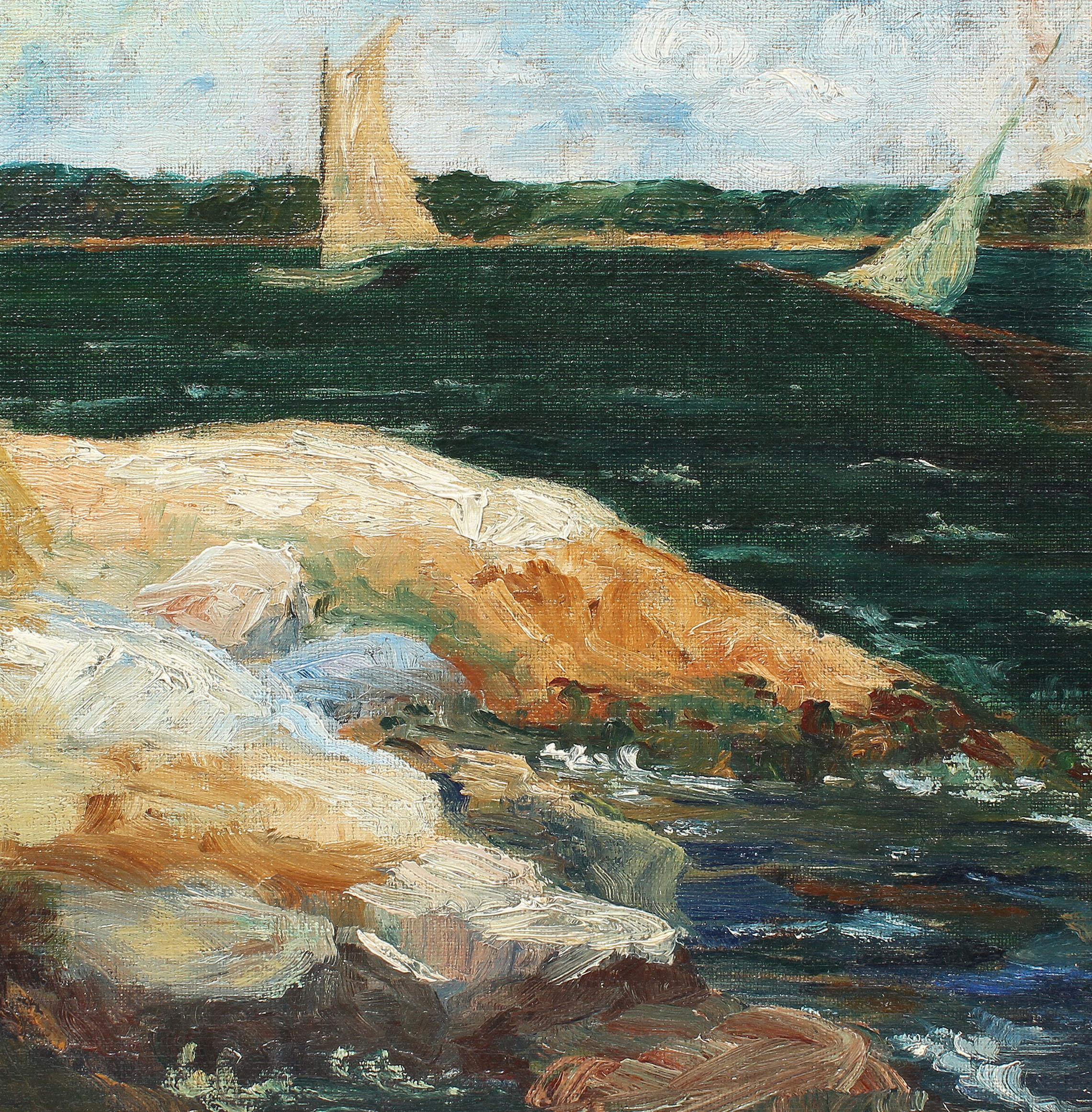 Antique American School New England Coastal Harbor Sailboat Beach Oil Painting 1