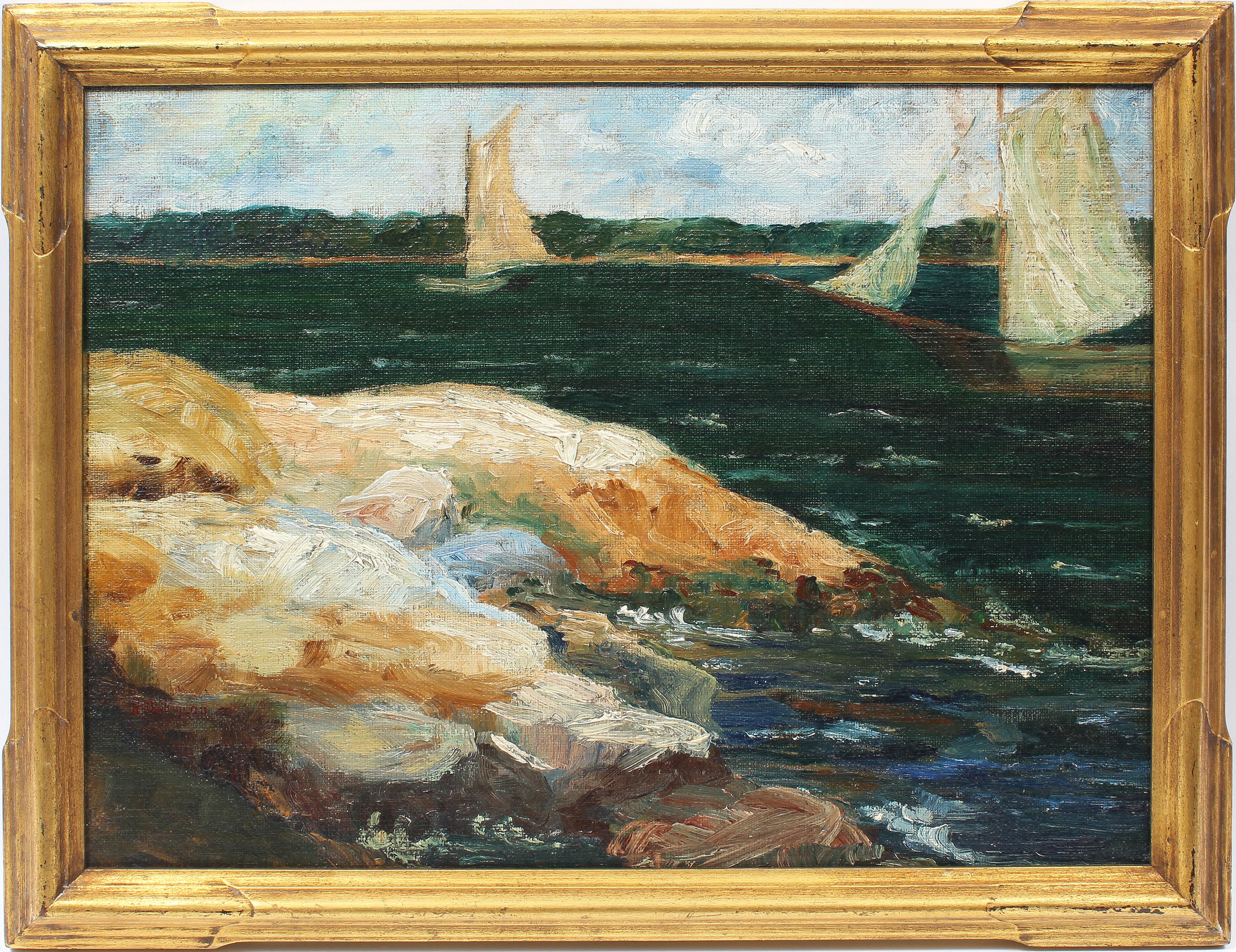 Unknown Landscape Painting - Antique American School New England Coastal Harbor Sailboat Beach Oil Painting