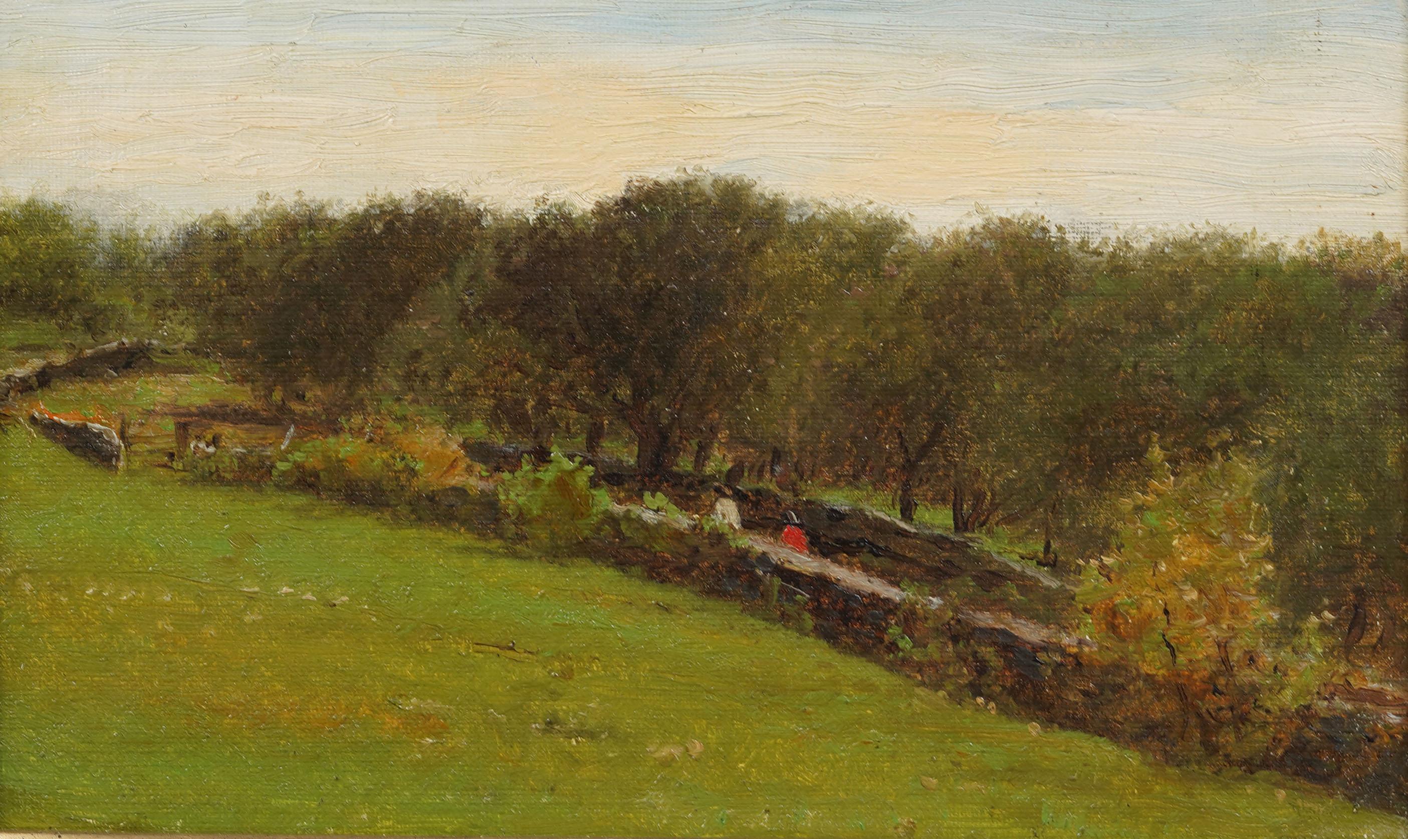 Antike amerikanische Schule Neuengland Landschaft Gerahmt Seltene Original Ölgemälde (Braun), Landscape Painting, von Unknown