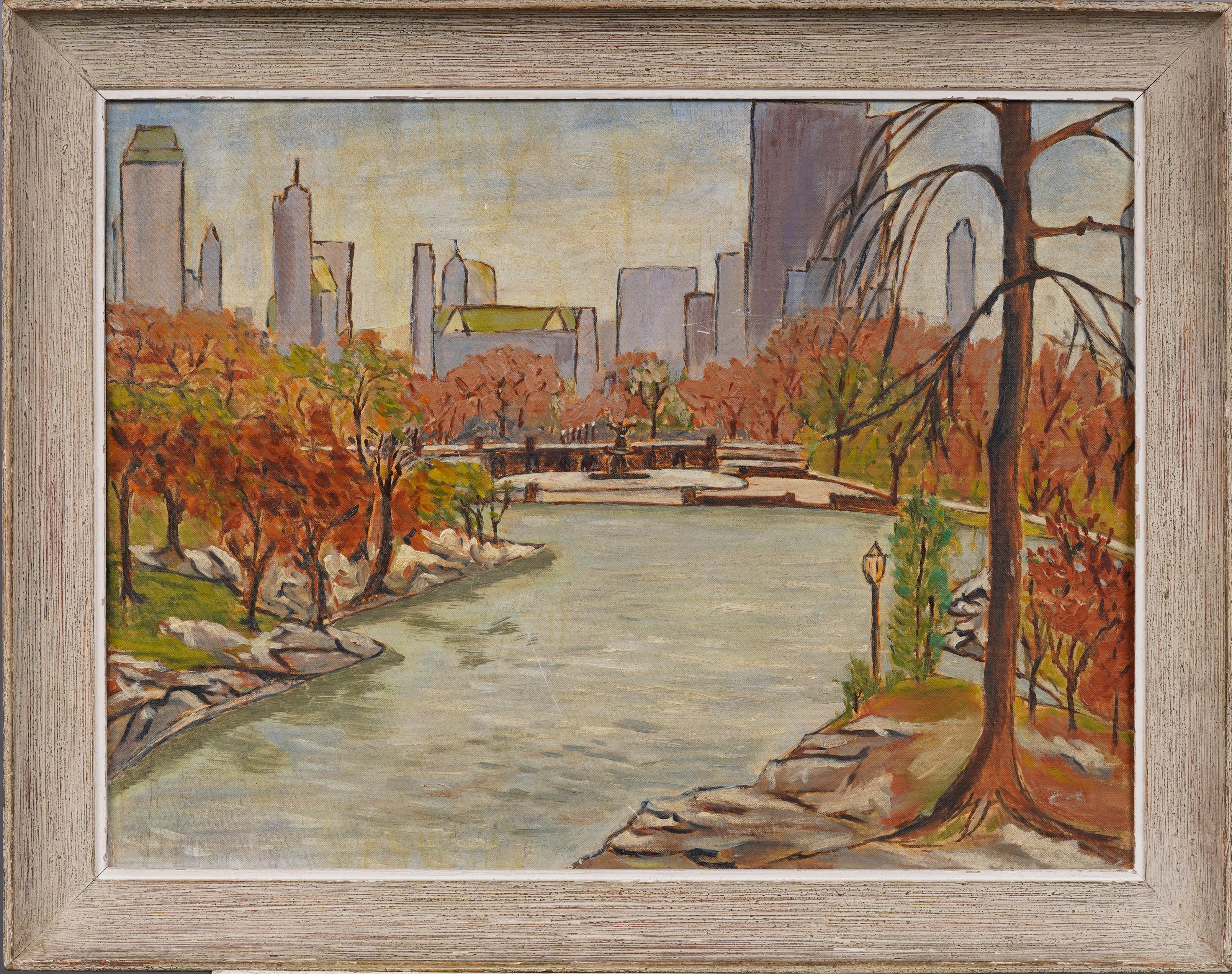 Pintura al óleo antigua de la Escuela Americana Modernista de Nueva York Vista de Central Park - Painting de Unknown