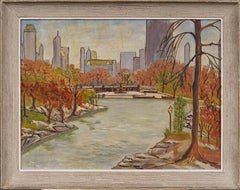 Pintura al óleo antigua de la Escuela Americana Modernista de Nueva York Vista de Central Park