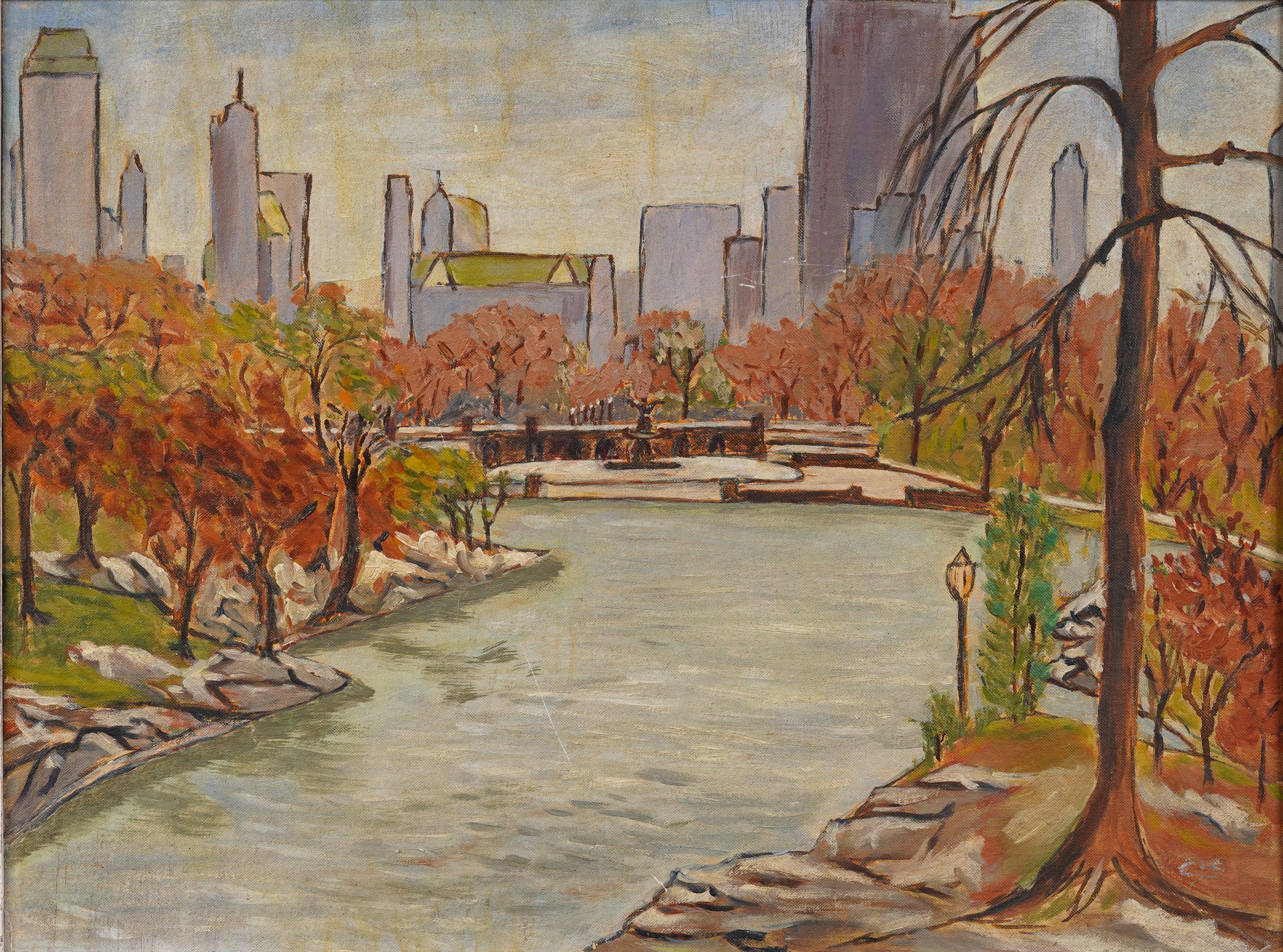 Pintura al óleo antigua de la Escuela Americana Modernista de Nueva York Vista de Central Park - Painting Moderno de Unknown