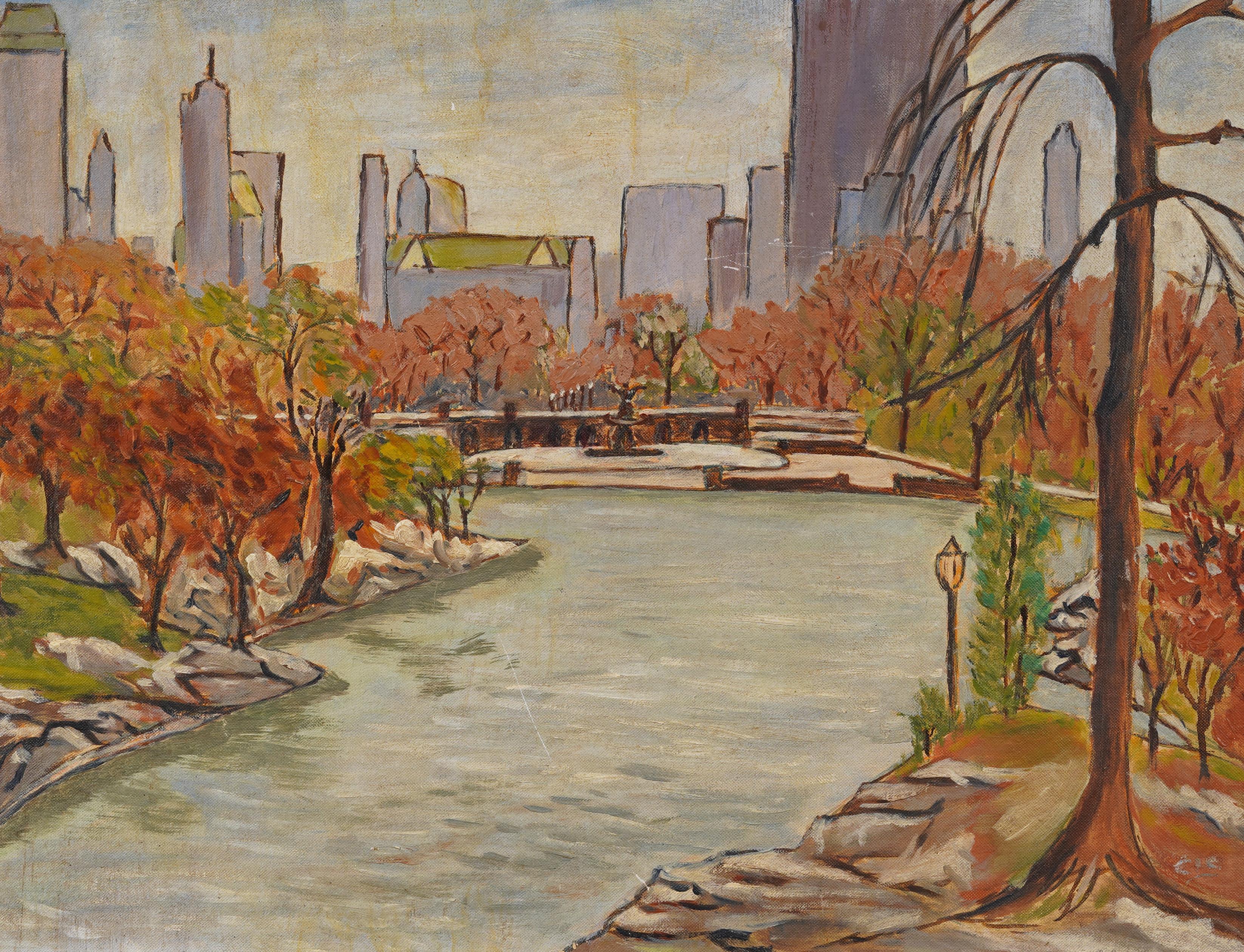 Pintura al óleo antigua de la Escuela Americana Modernista de Nueva York Vista de Central Park - Landscape Painting Marrón de Unknown