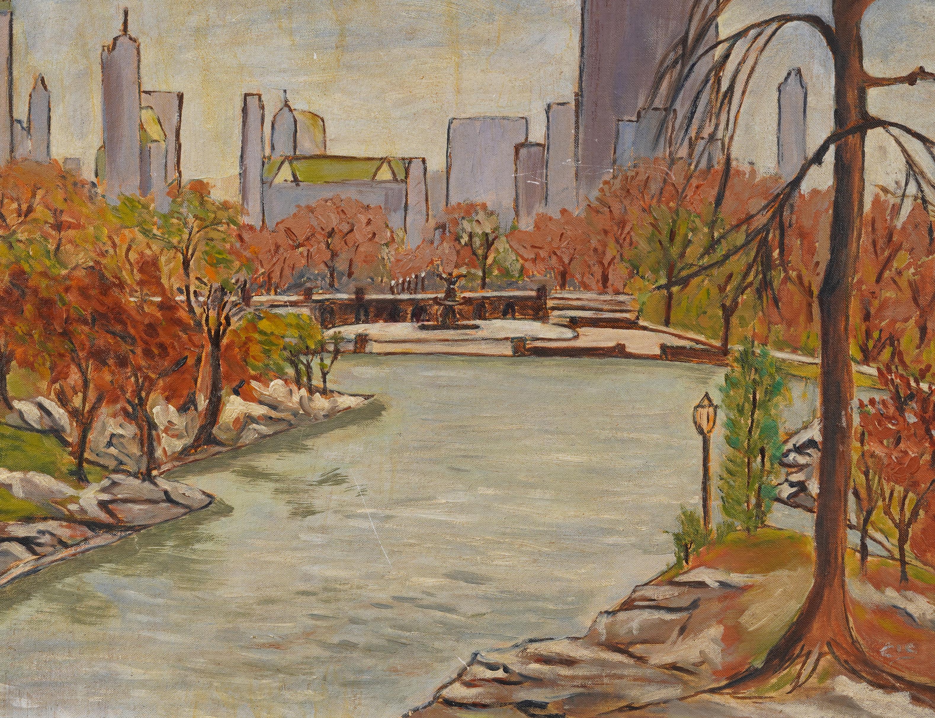 Impresionante pintura al óleo de principios del modernismo americano en Central Park, Nueva York.  Enmarcado.  Óleo sobre lienzo .  Tamaño de la imagen, 18H por 24L.
