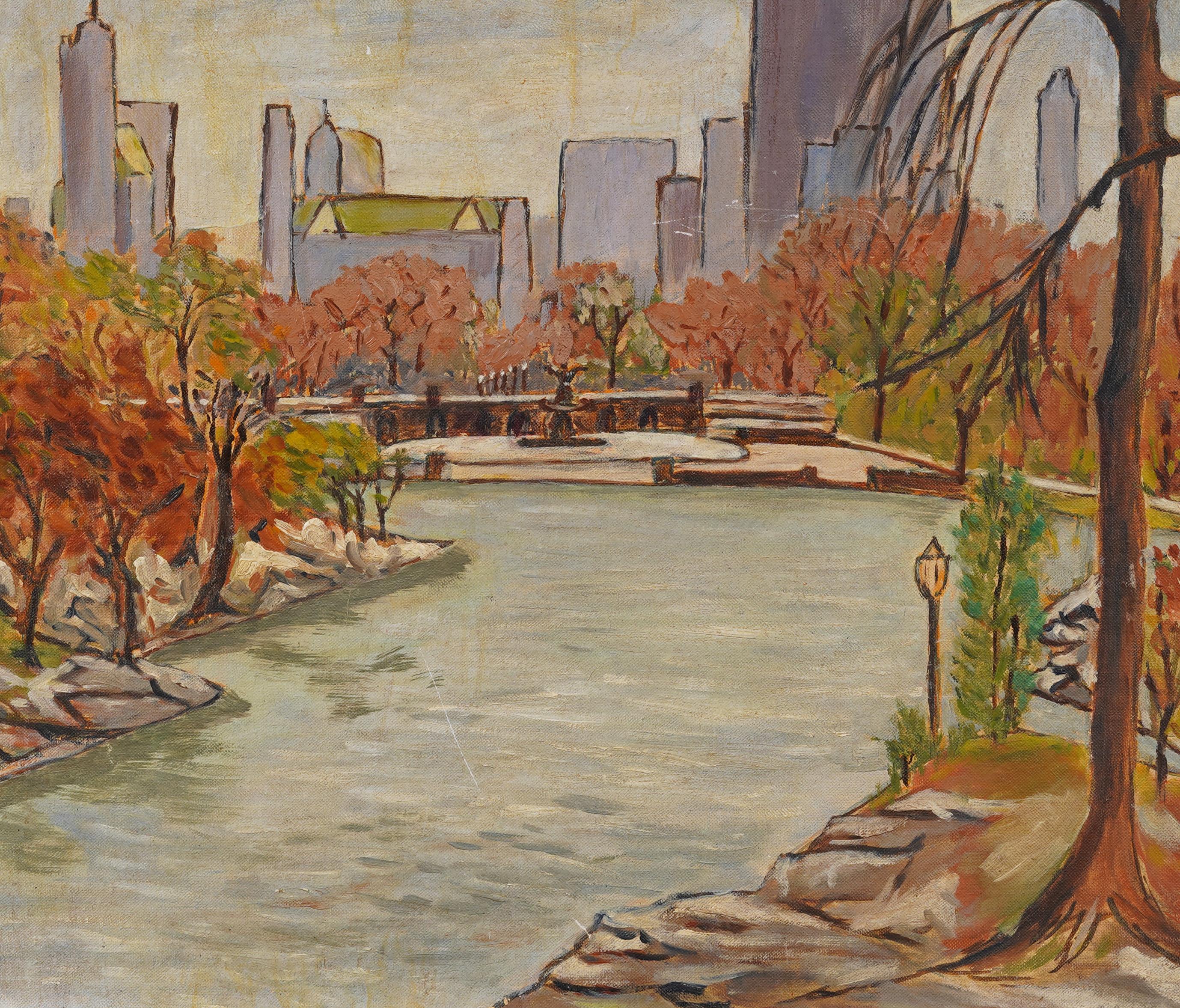 Pintura al óleo antigua de la Escuela Americana Modernista de Nueva York Vista de Central Park en venta 1