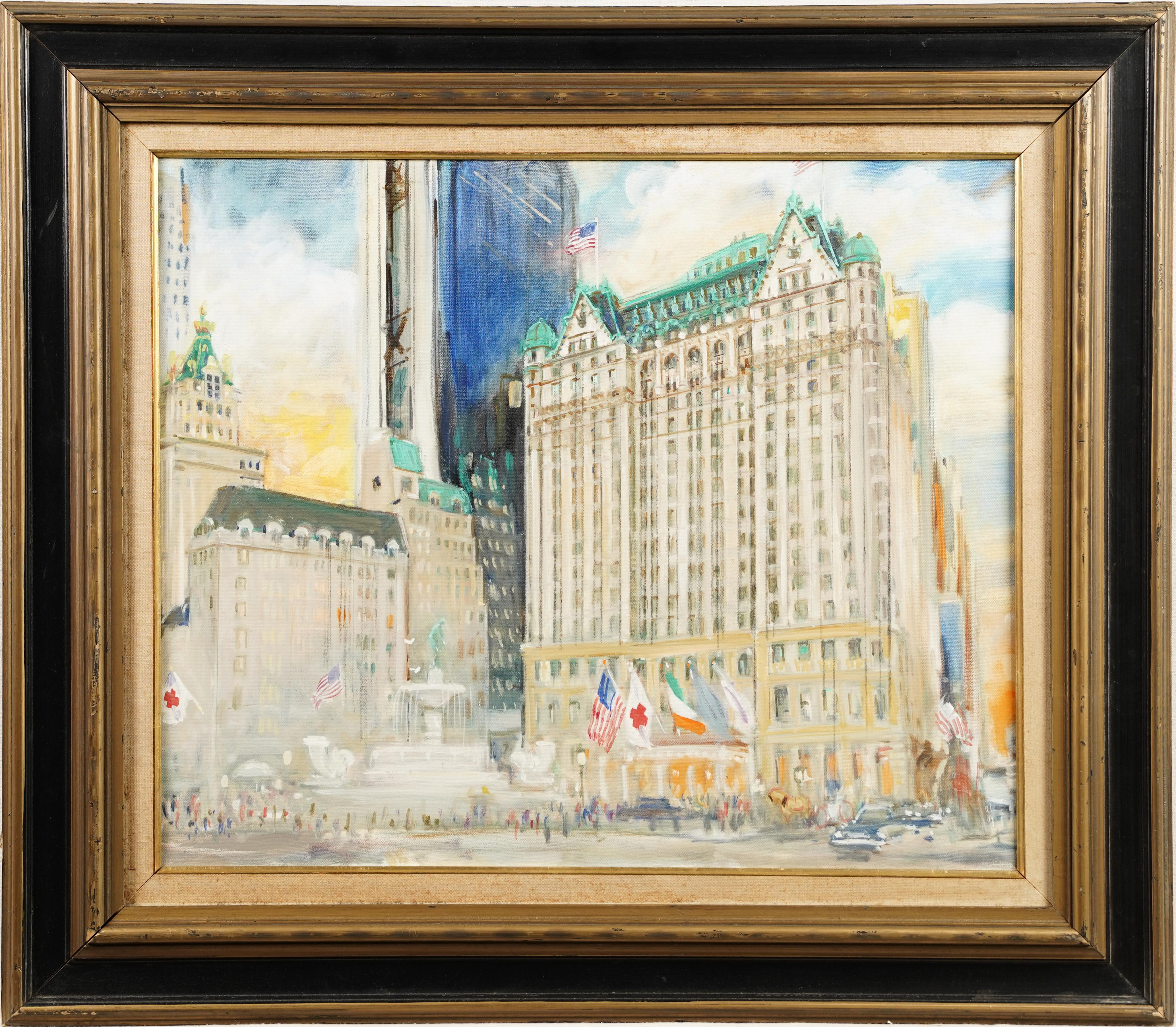 Pintura al óleo antigua de la Escuela Americana de Nueva York Escena callejera del Hotel Plaza - Painting de Unknown