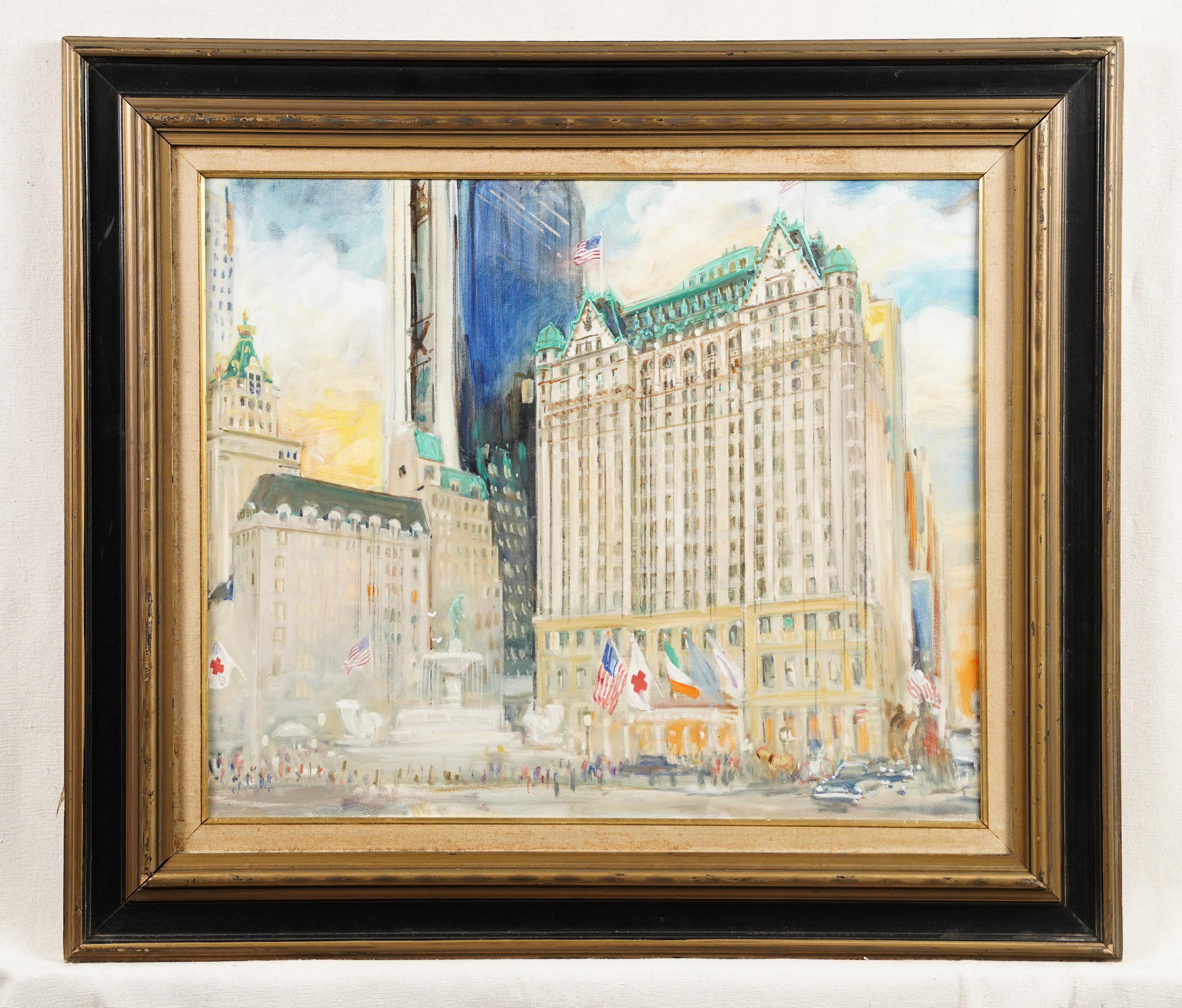 Pintura al óleo antigua de la Escuela Americana de Nueva York Escena callejera del Hotel Plaza - Painting Impresionista de Unknown