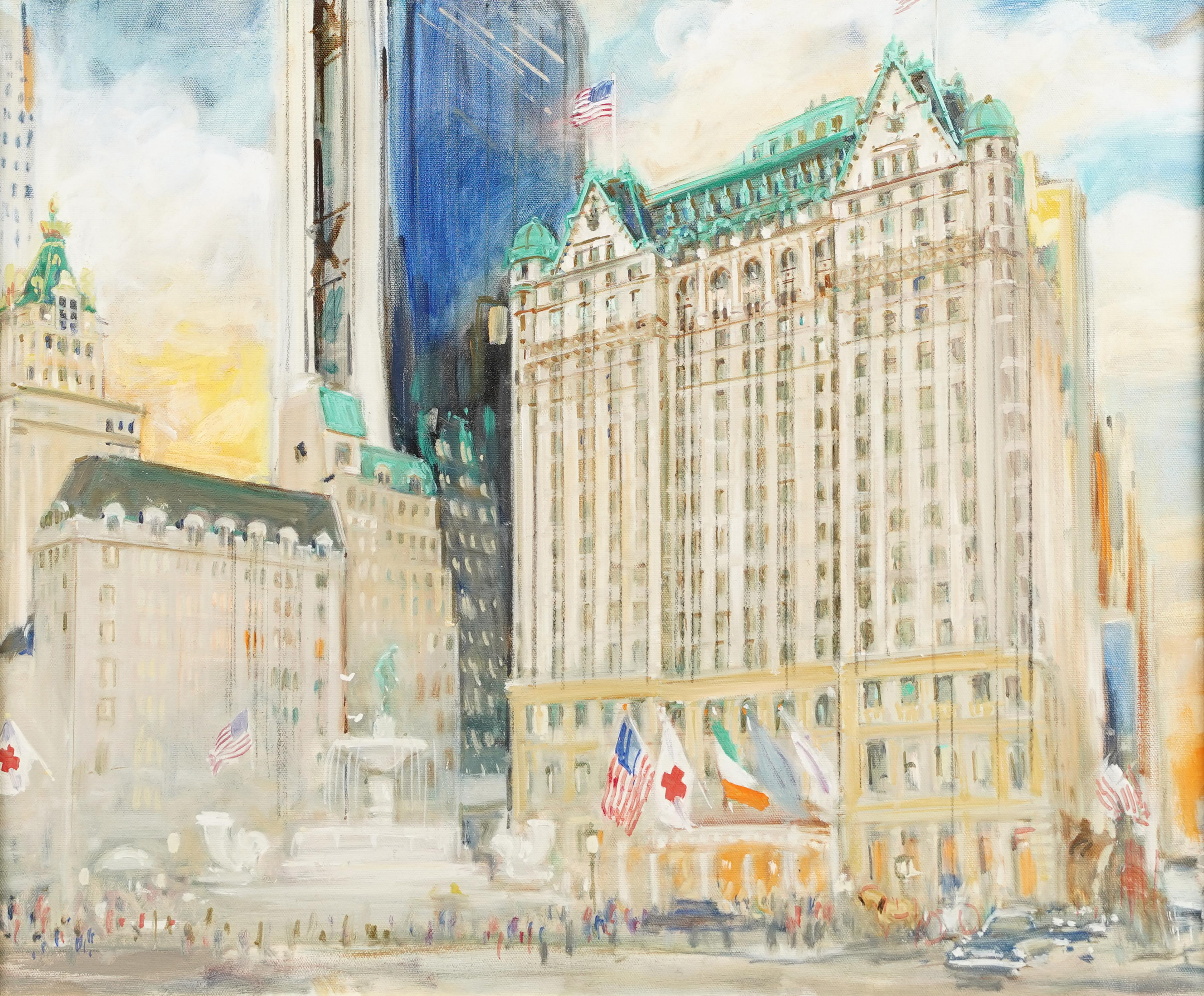 Pintura al óleo antigua de la Escuela Americana de Nueva York Escena callejera del Hotel Plaza - Landscape Painting Beige de Unknown