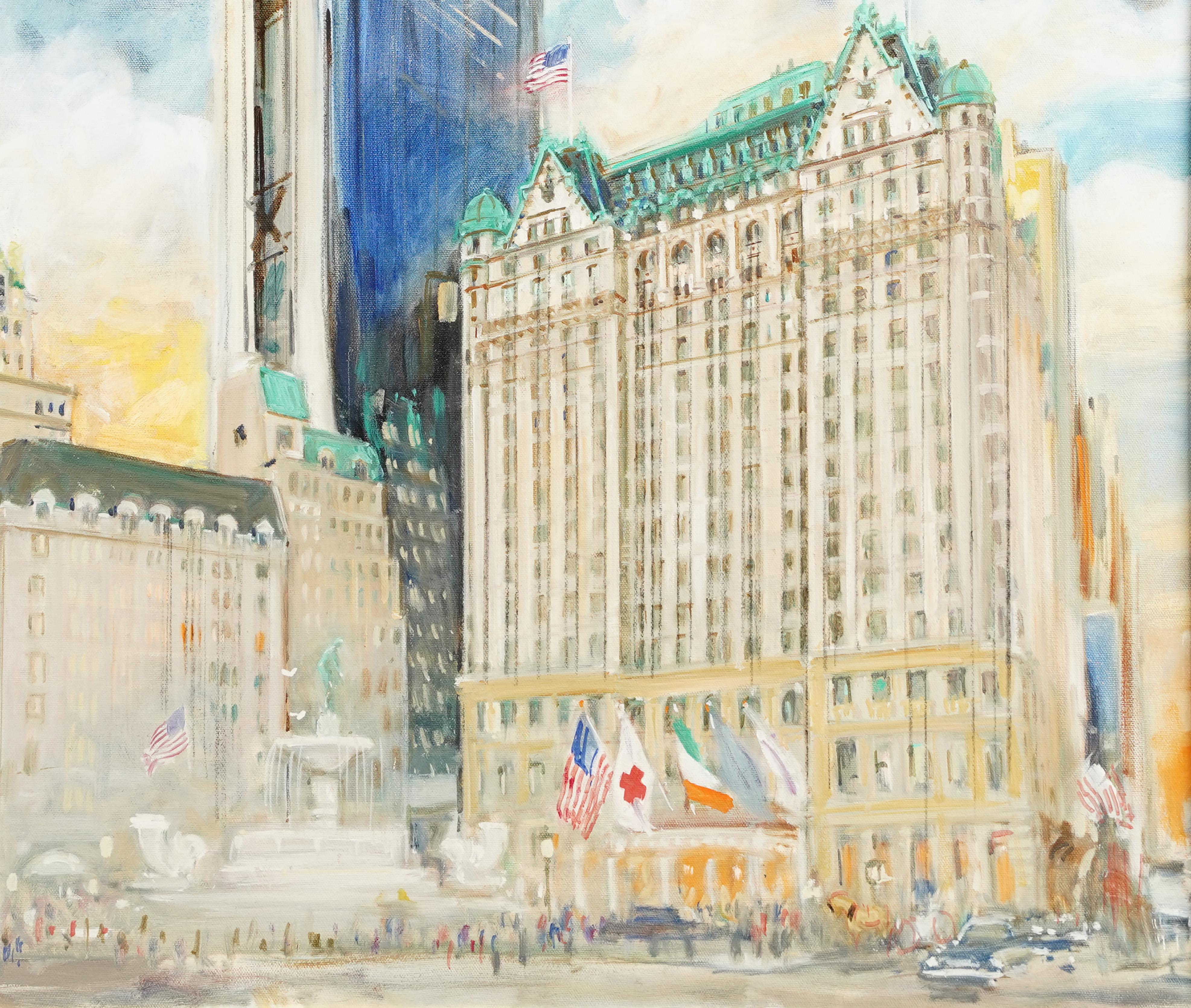 Antiguo óleo impresionista americano de paisaje urbano.  Óleo sobre lienzo.  Enmarcado.  Tamaño de la imagen, 24L x 20H.
