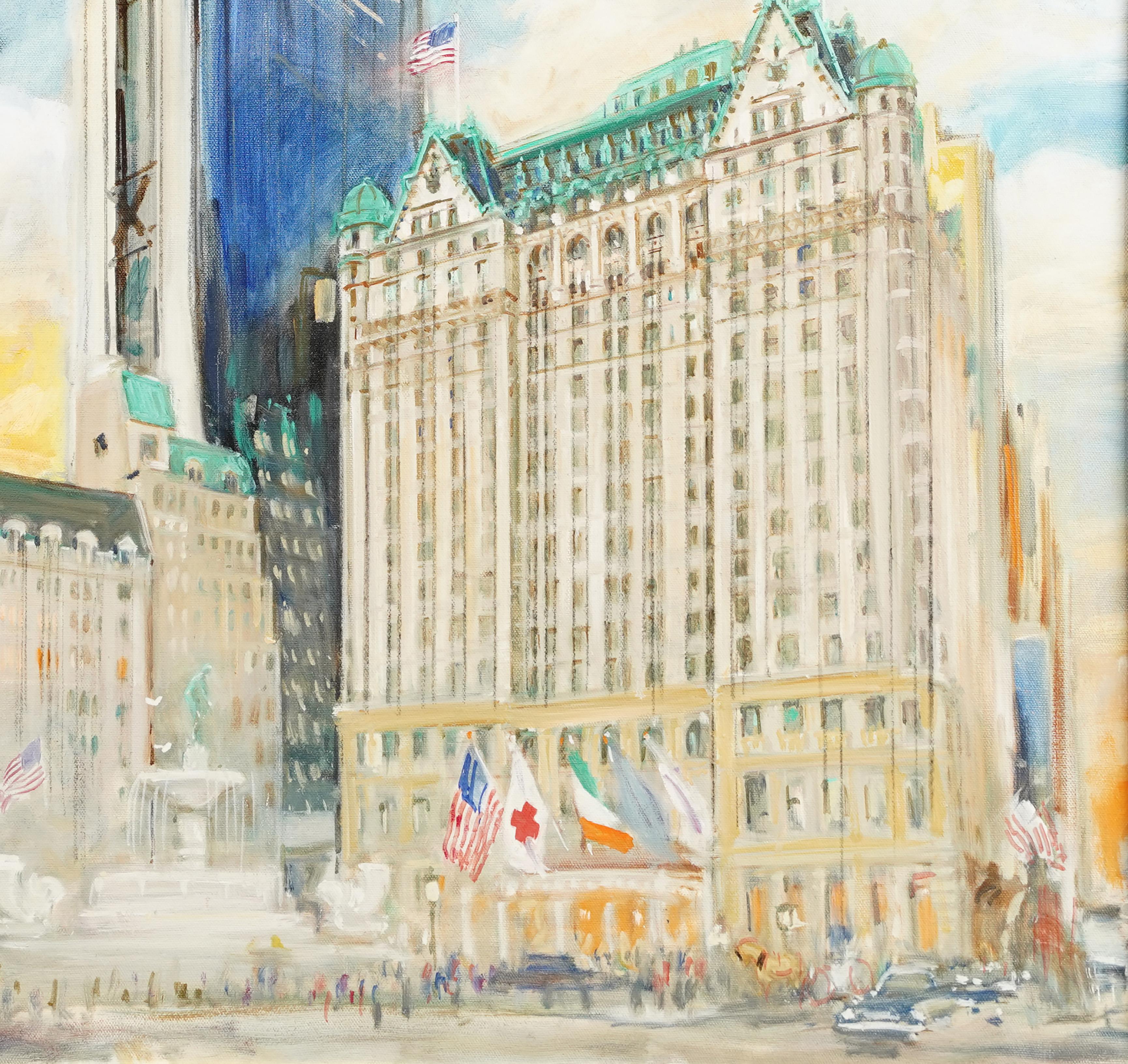 Pintura al óleo antigua de la Escuela Americana de Nueva York Escena callejera del Hotel Plaza 1