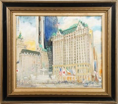 Peinture à l'huile ancienne de l'école américaine de New York représentant une scène de rue de l'hôtel Plaza