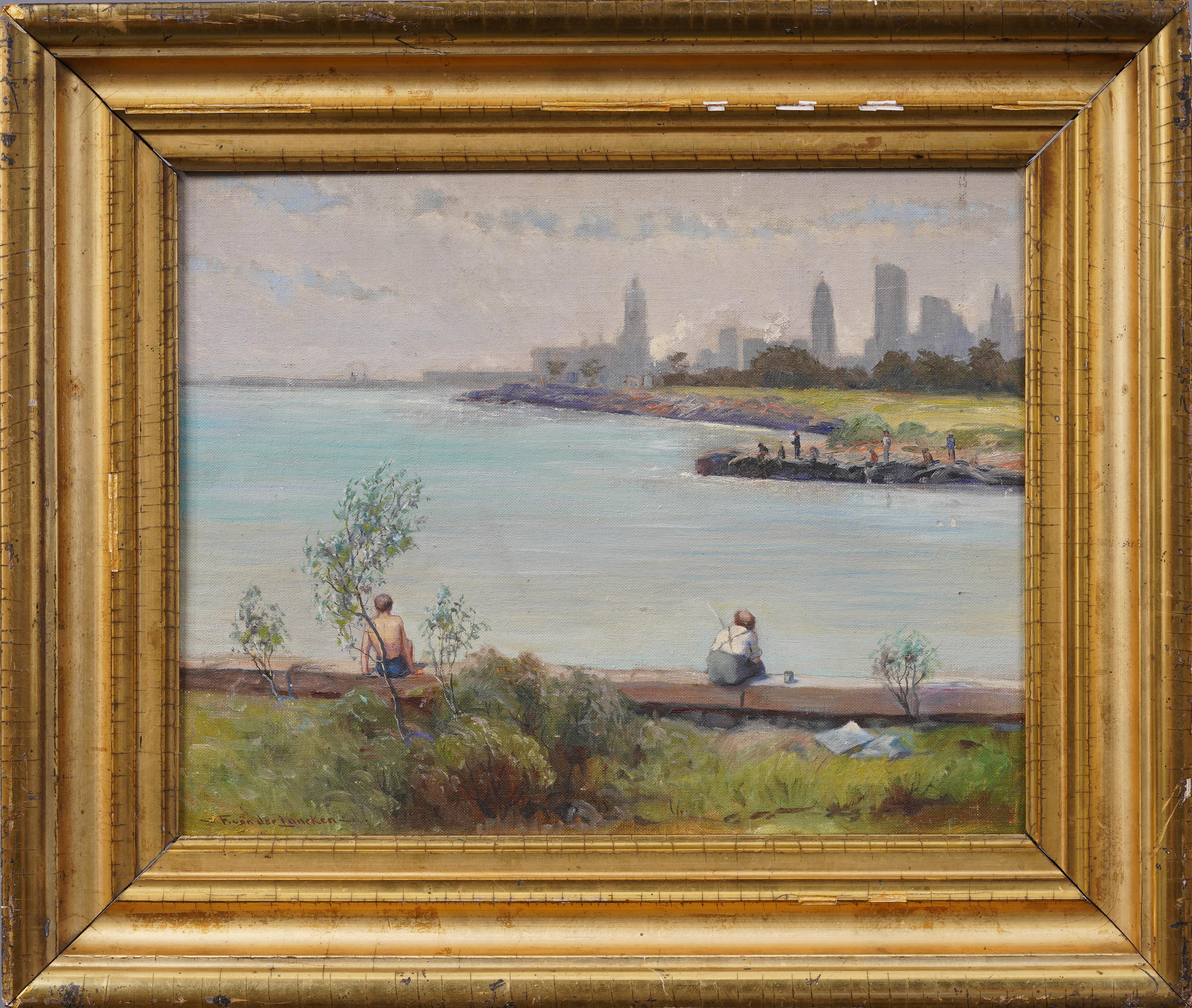 Antico dipinto ad olio firmato di scuola americana con vista sulla spiaggia di New York City - Painting di Unknown