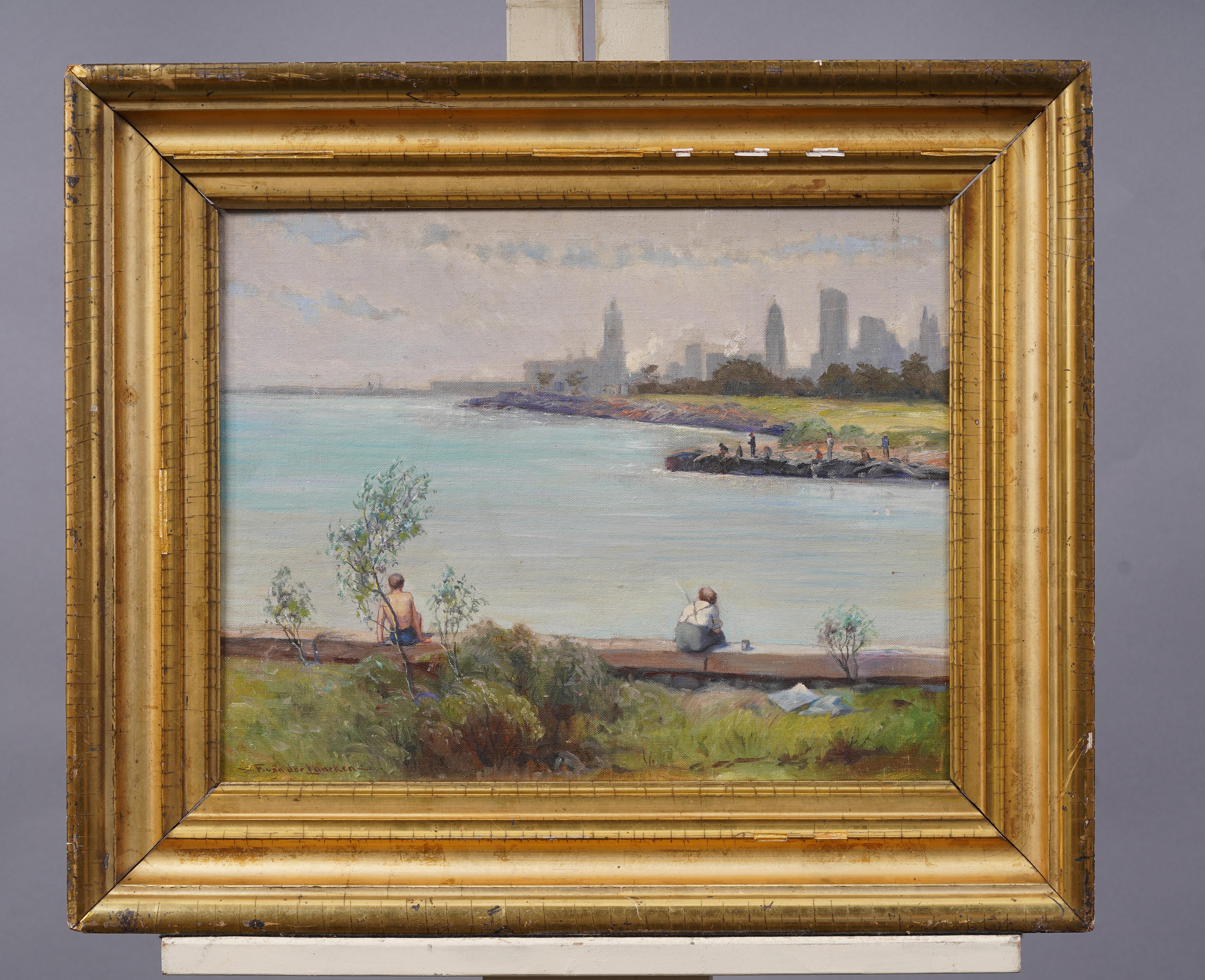 Antico dipinto ad olio firmato di scuola americana con vista sulla spiaggia di New York City - Painting Astratto di Unknown