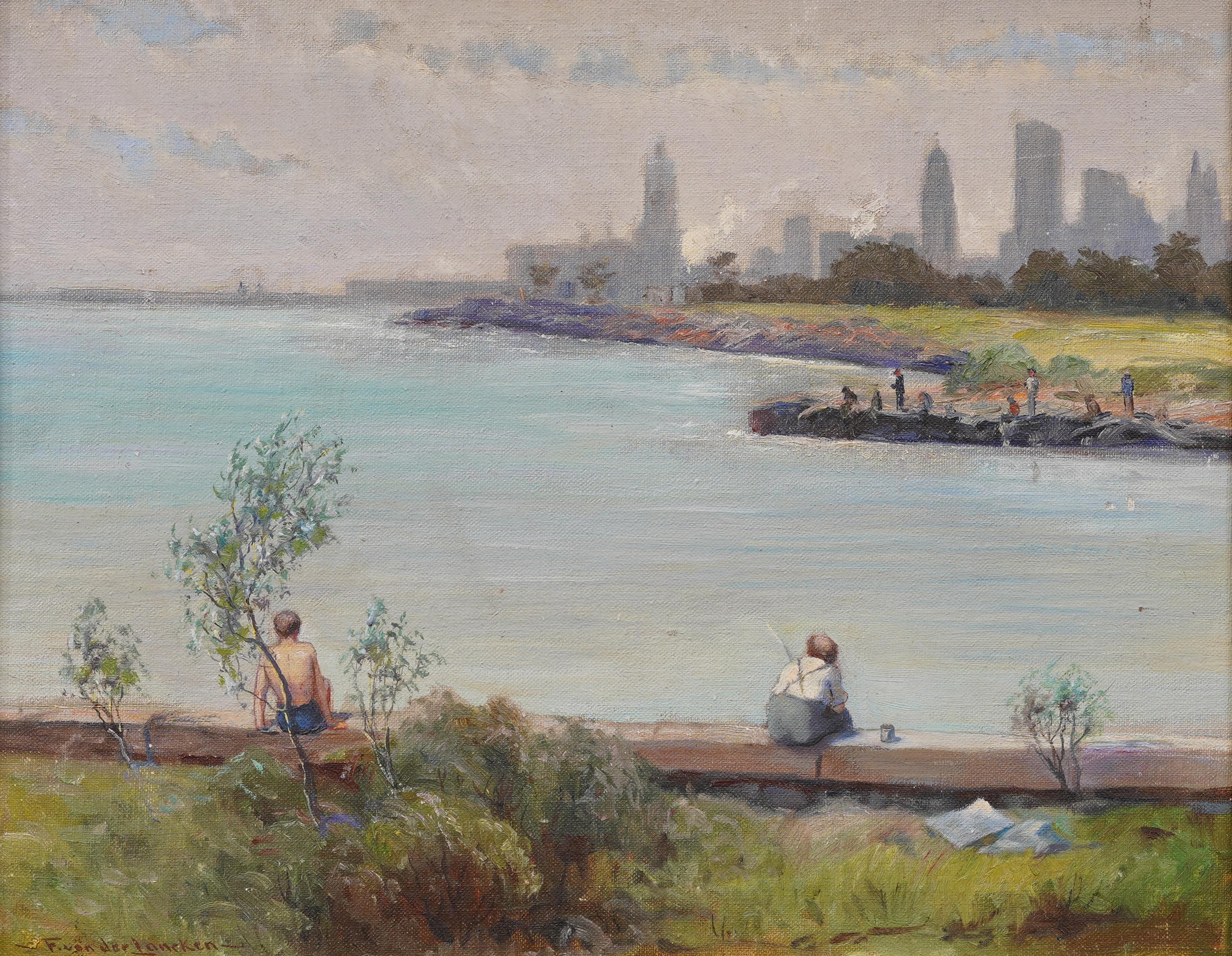 Antico dipinto ad olio firmato di scuola americana con vista sulla spiaggia di New York City - Landscape Painting Marrone di Unknown