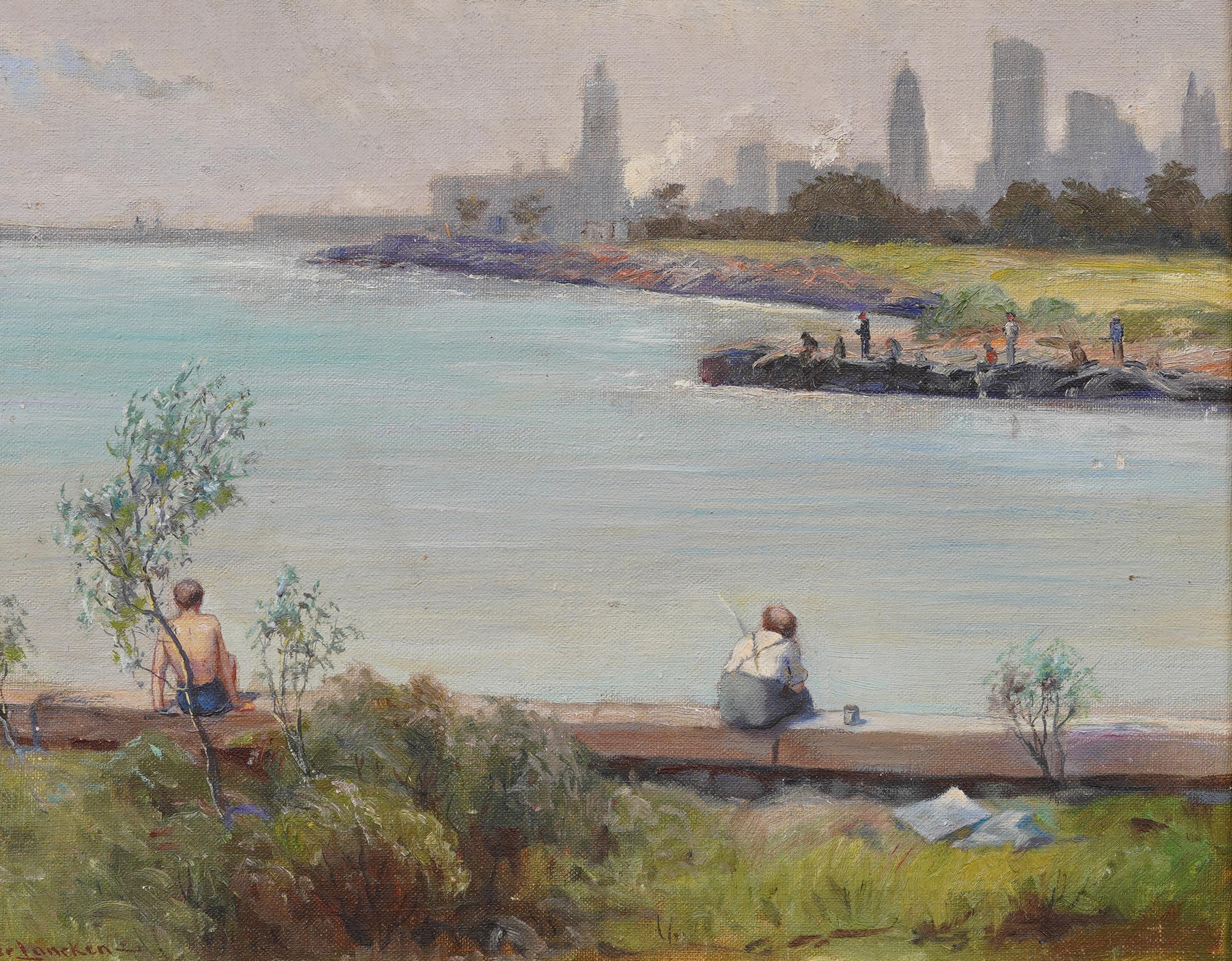 Antico dipinto ad olio firmato di scuola americana con vista sulla spiaggia di New York City in vendita 1