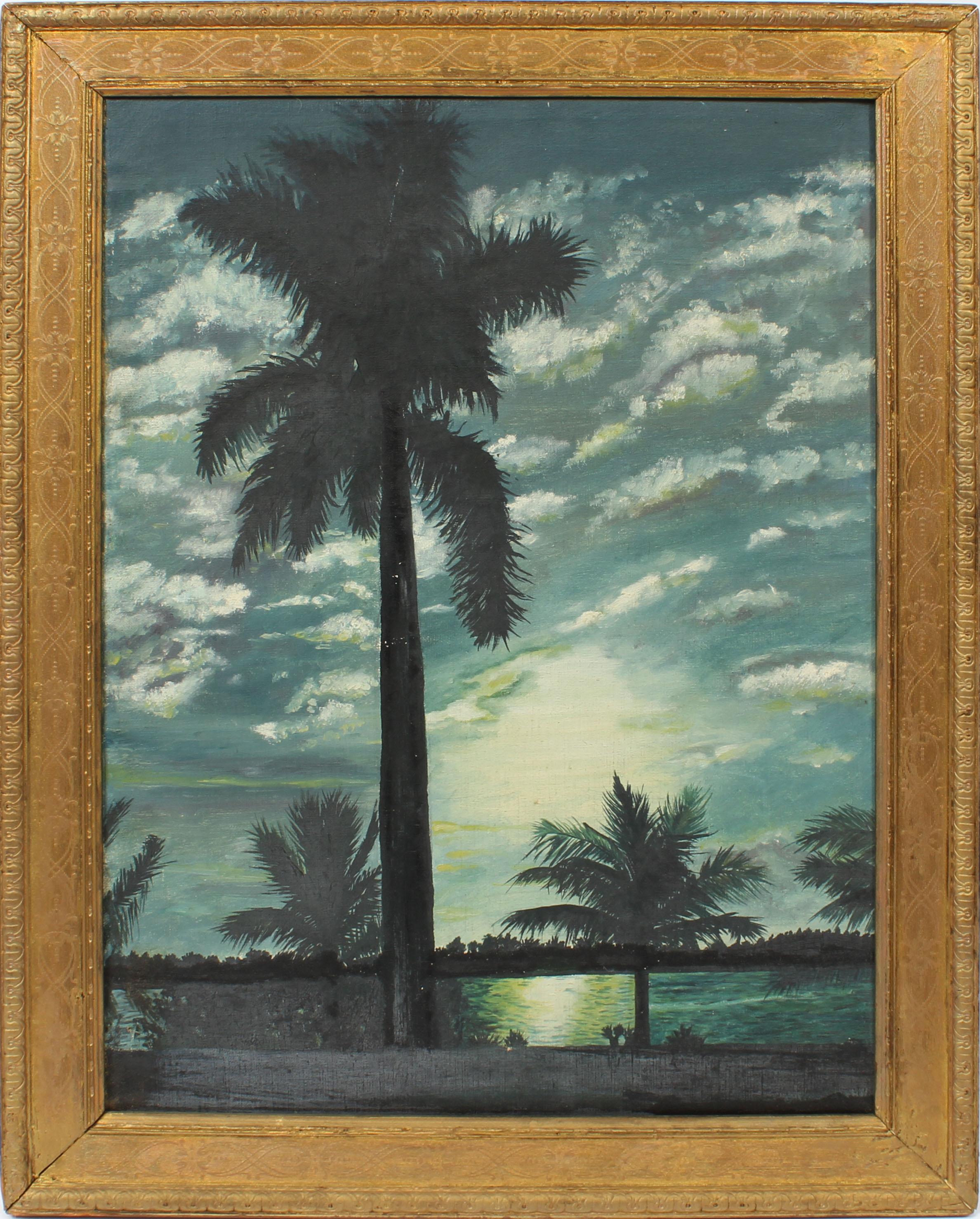 Unknown Landscape Painting - Antique American School Nocturnal Florida Tropical Palm Tree Moonlit  Painting