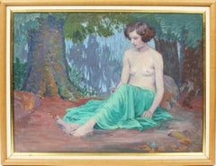 Antique American School Nude Portrait Forest Landscape Impressionist Painting