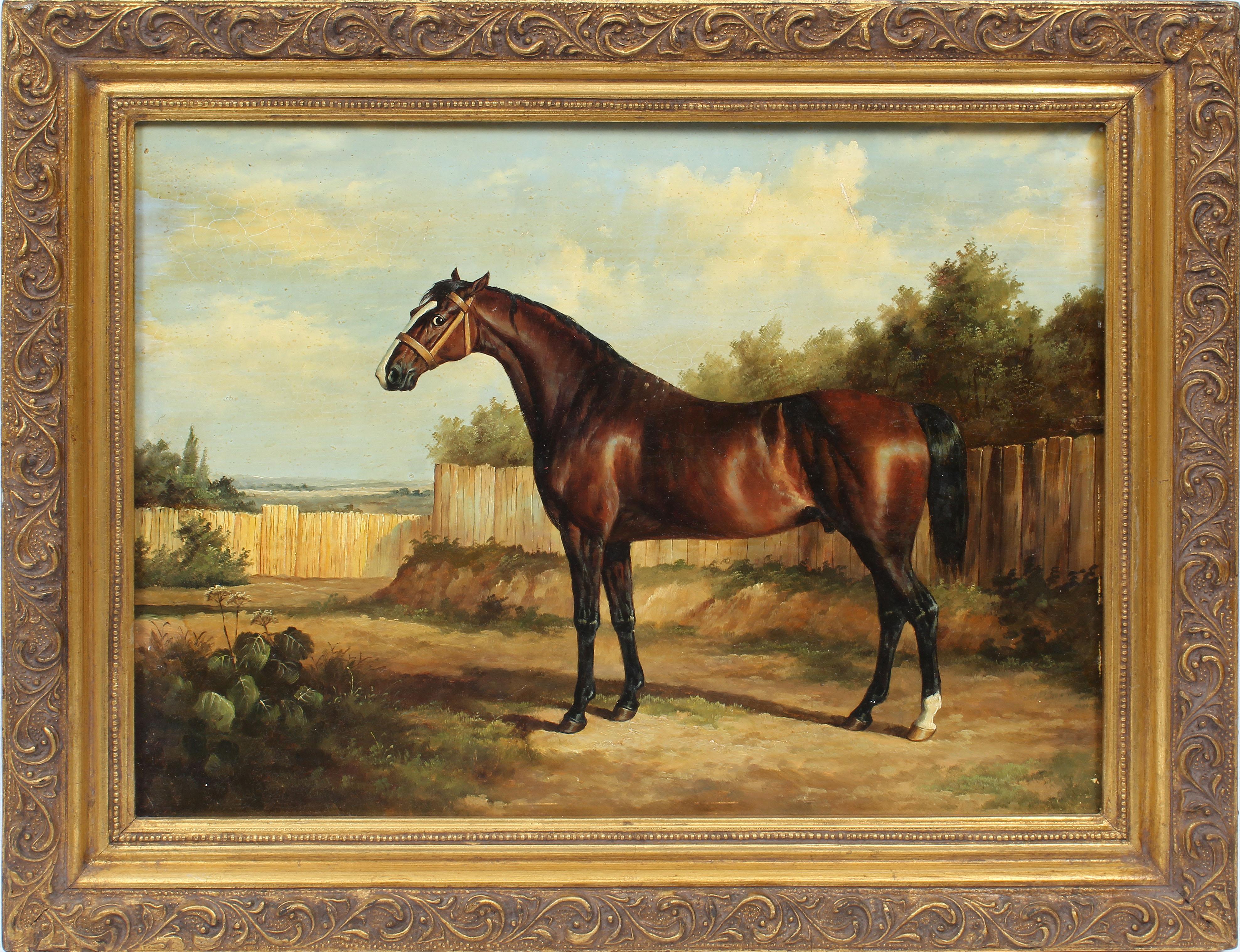 Unknown Landscape Painting - Antique American School Oil Painting Portrait of a Horse Original Landscape