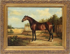 Antique American School Oil Painting Portrait of a Horse Original Landscape