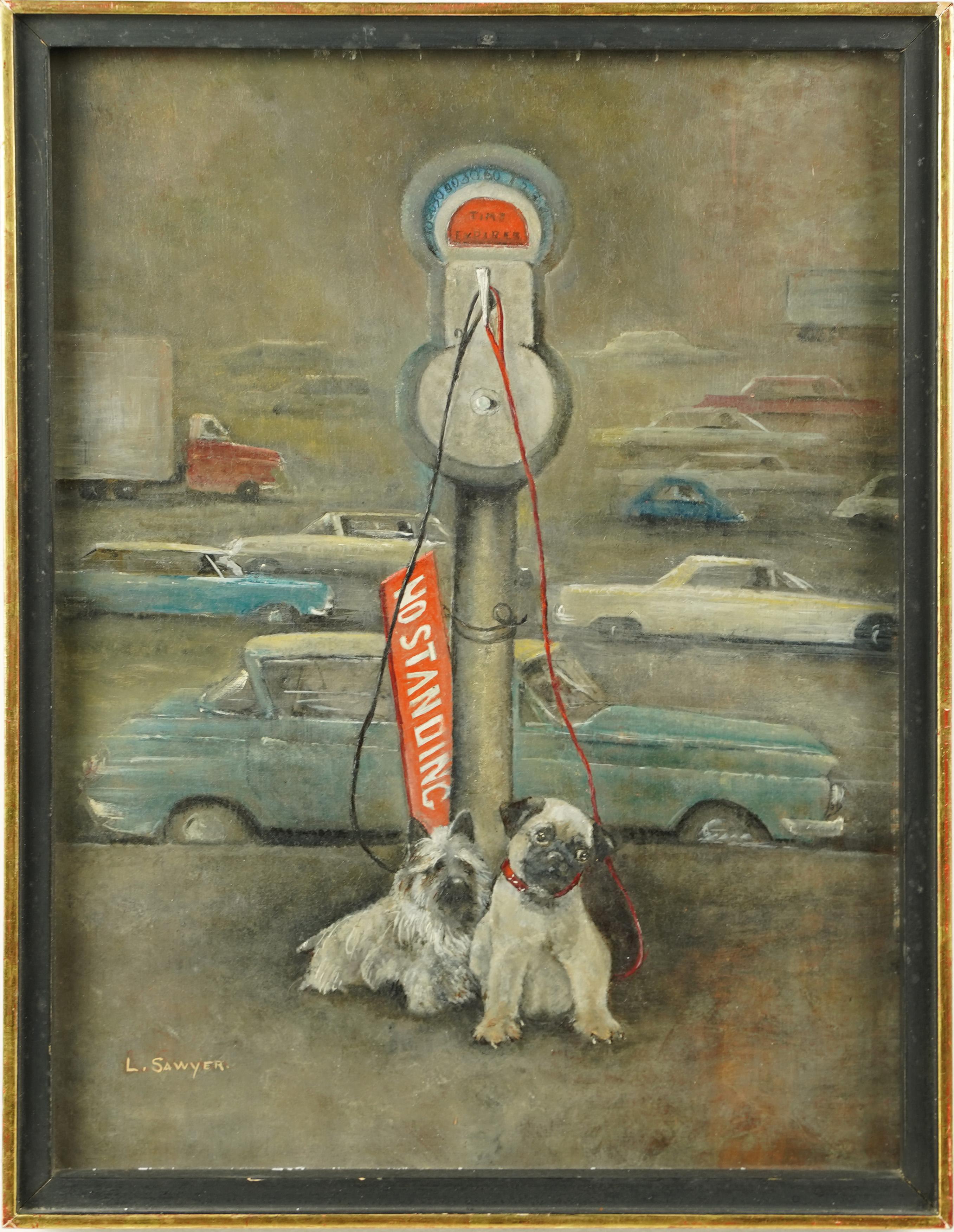 Unknown Landscape Painting -  Antique American School Original Dog Portrait Signed Street Scene Oil Painting
