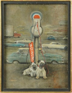  Vintage American School Original Dog Portrait Signed Street Scene Oil Painting