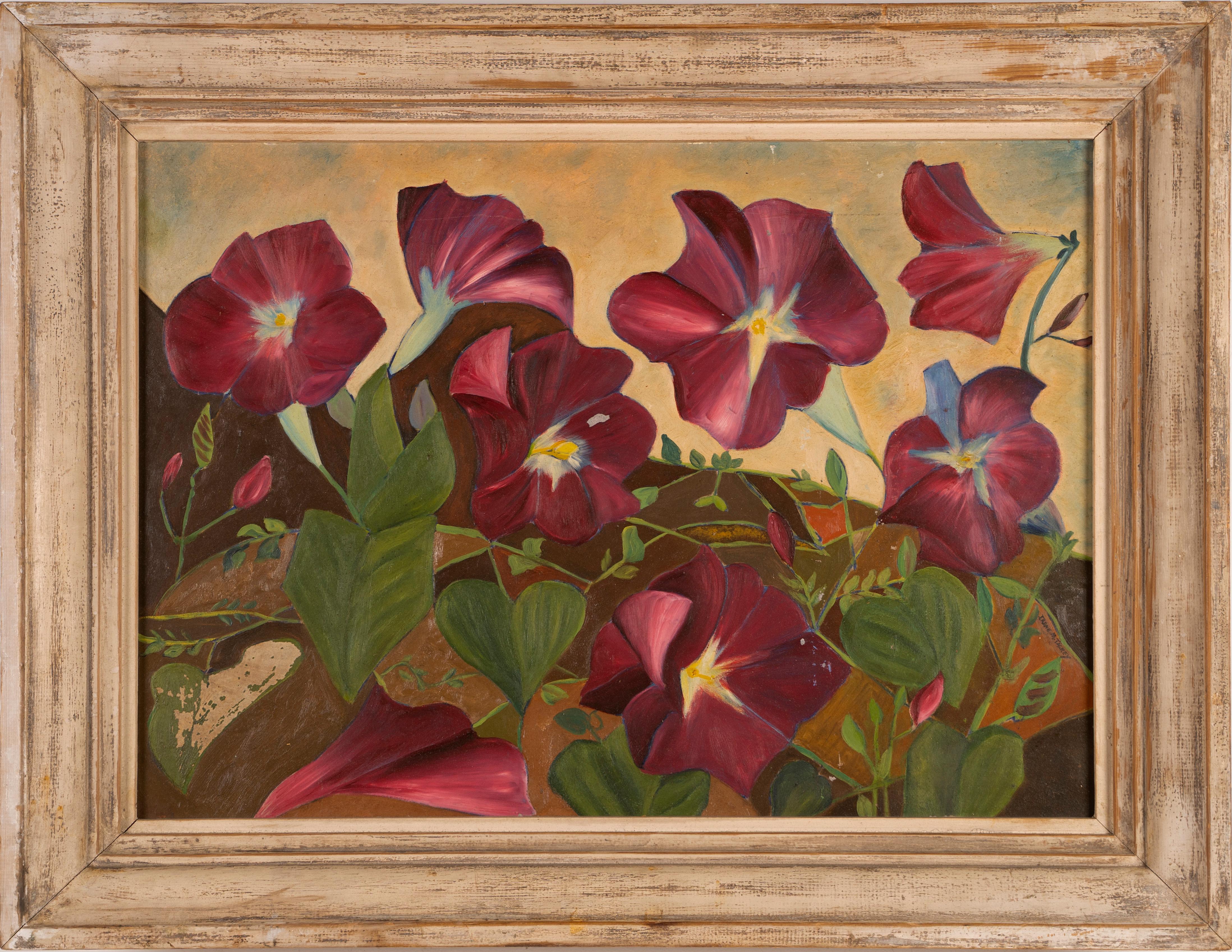 Antique American School Original Flower Still Life Signed Modern Oil Painting - Brown Abstract Painting by Unknown