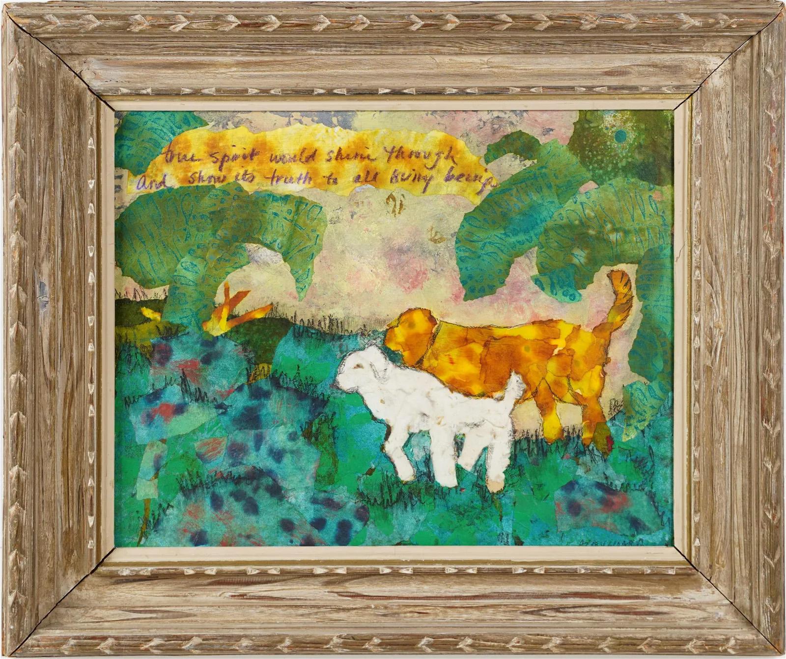 Unknown Animal Painting - Antique American School Outsider Art Sigend Modernist Dog Portrait Oil Painting