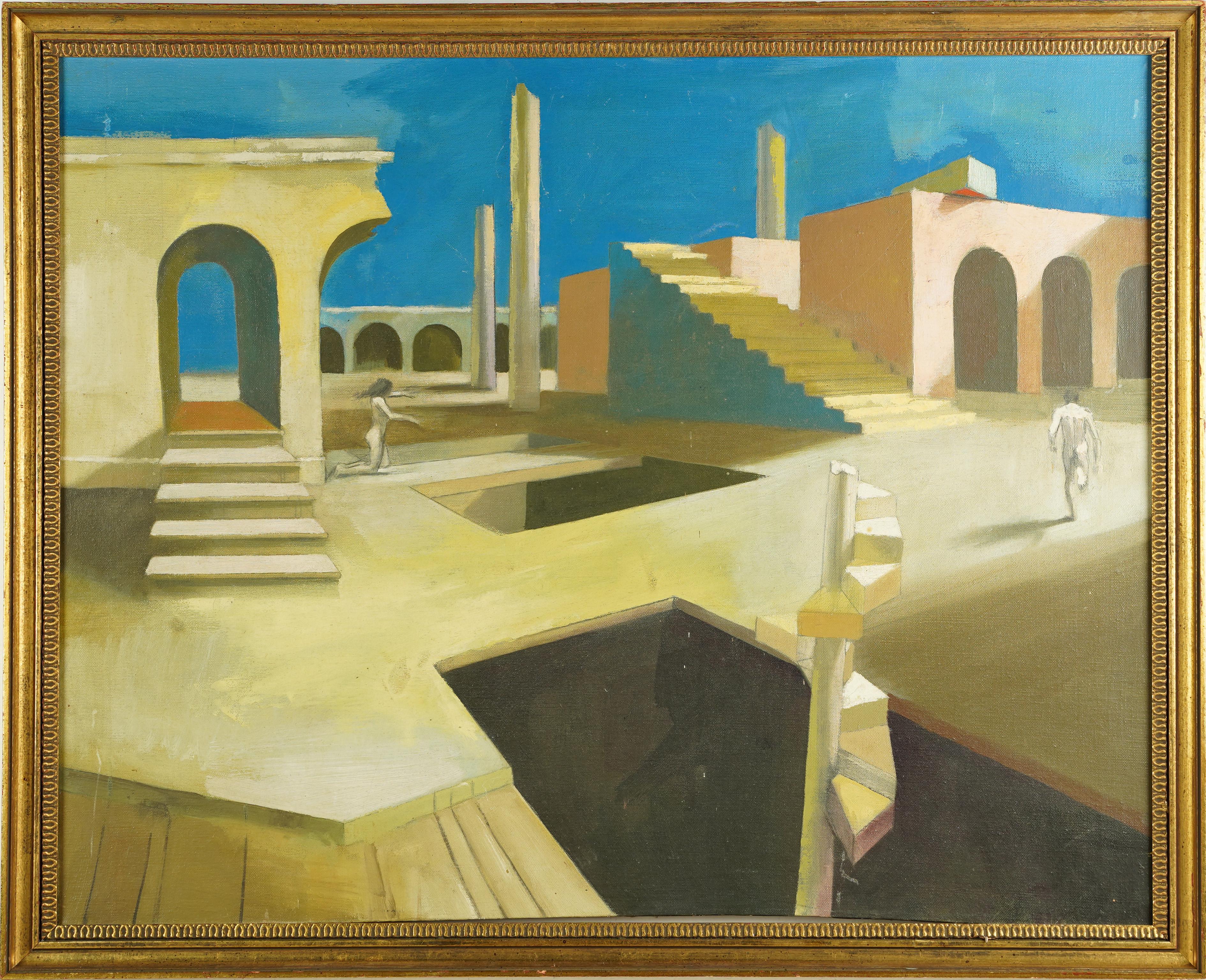Antique American modernist architectural  oil painting.  Oil on canvas.  Framed.  Image size, 30L x 24H.
