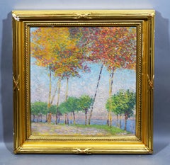 Antico dipinto a olio di scuola americana, paesaggio autunnale con vista sul lago