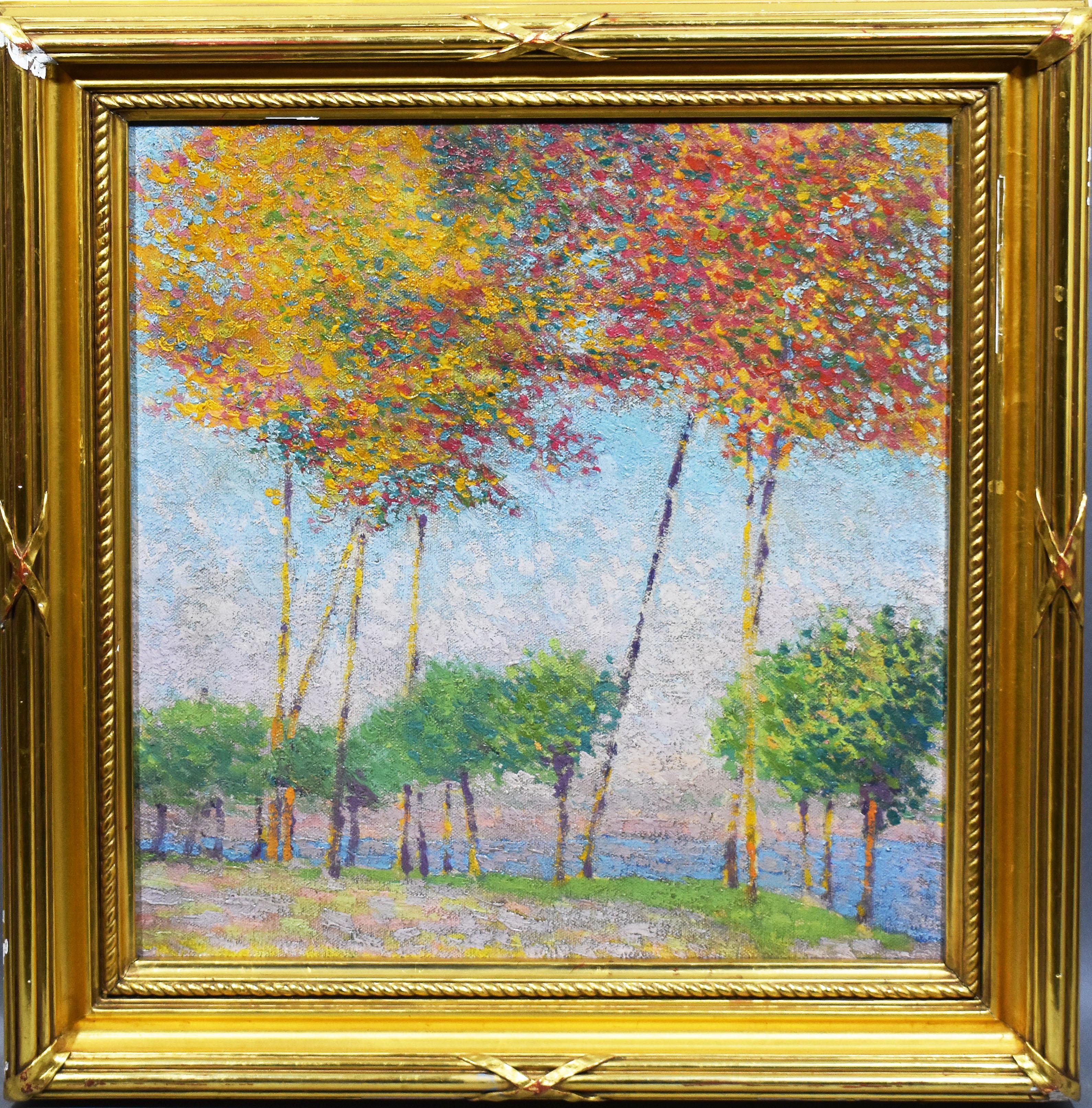 Antique American School Pointillist Fall Landscape Lake View Oil Painting