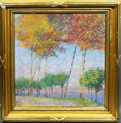 Pintura al óleo antigua de la escuela puntillista americana Paisaje otoñal con vista al lago