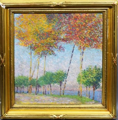 Ancienne peinture à l'huile pointilliste de l'école américaine, paysage d'automne et vue de lac