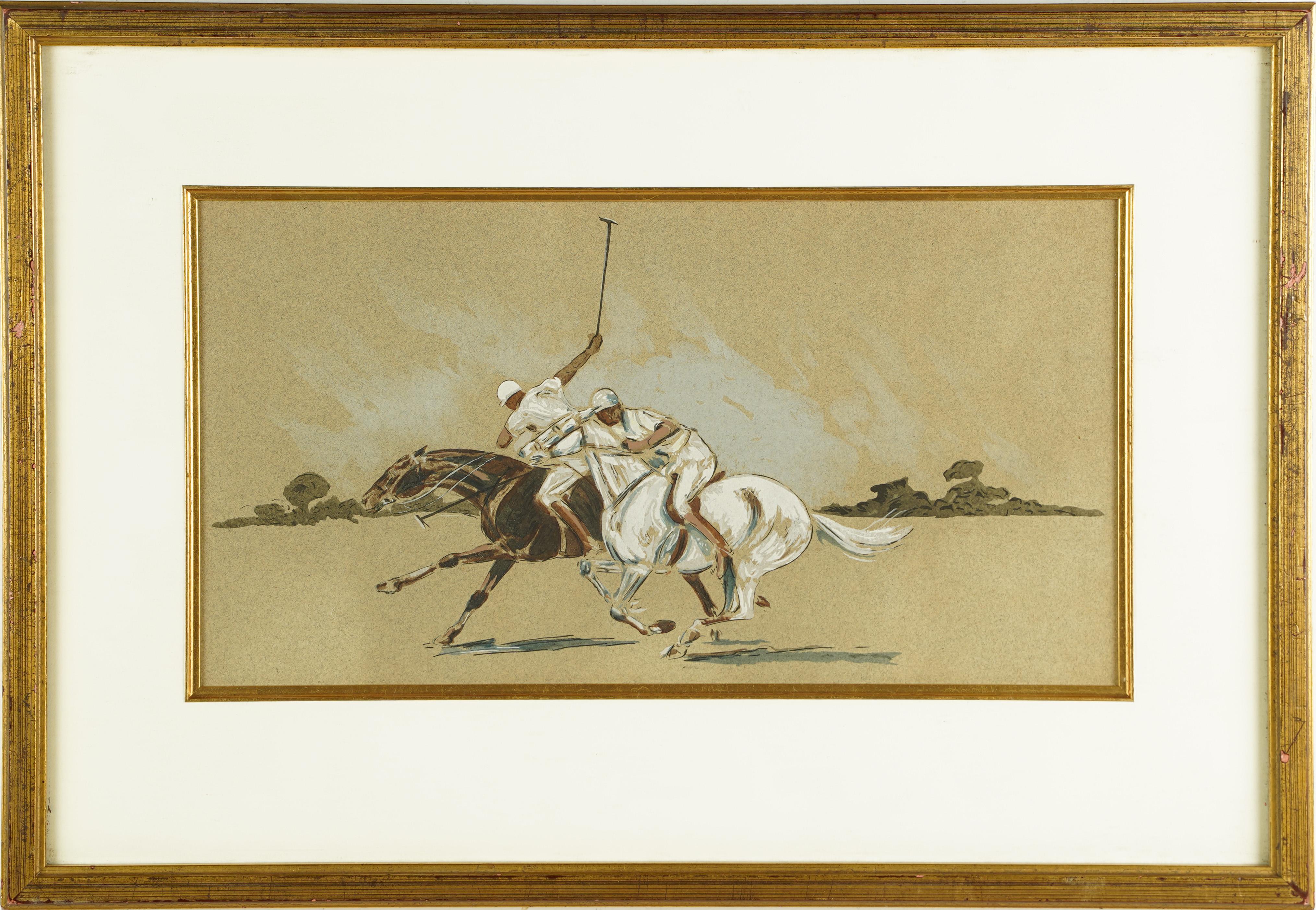 Antico dipinto originale di scuola americana con giocatori di polo, cavalli, equini e paesaggi - Painting di Unknown