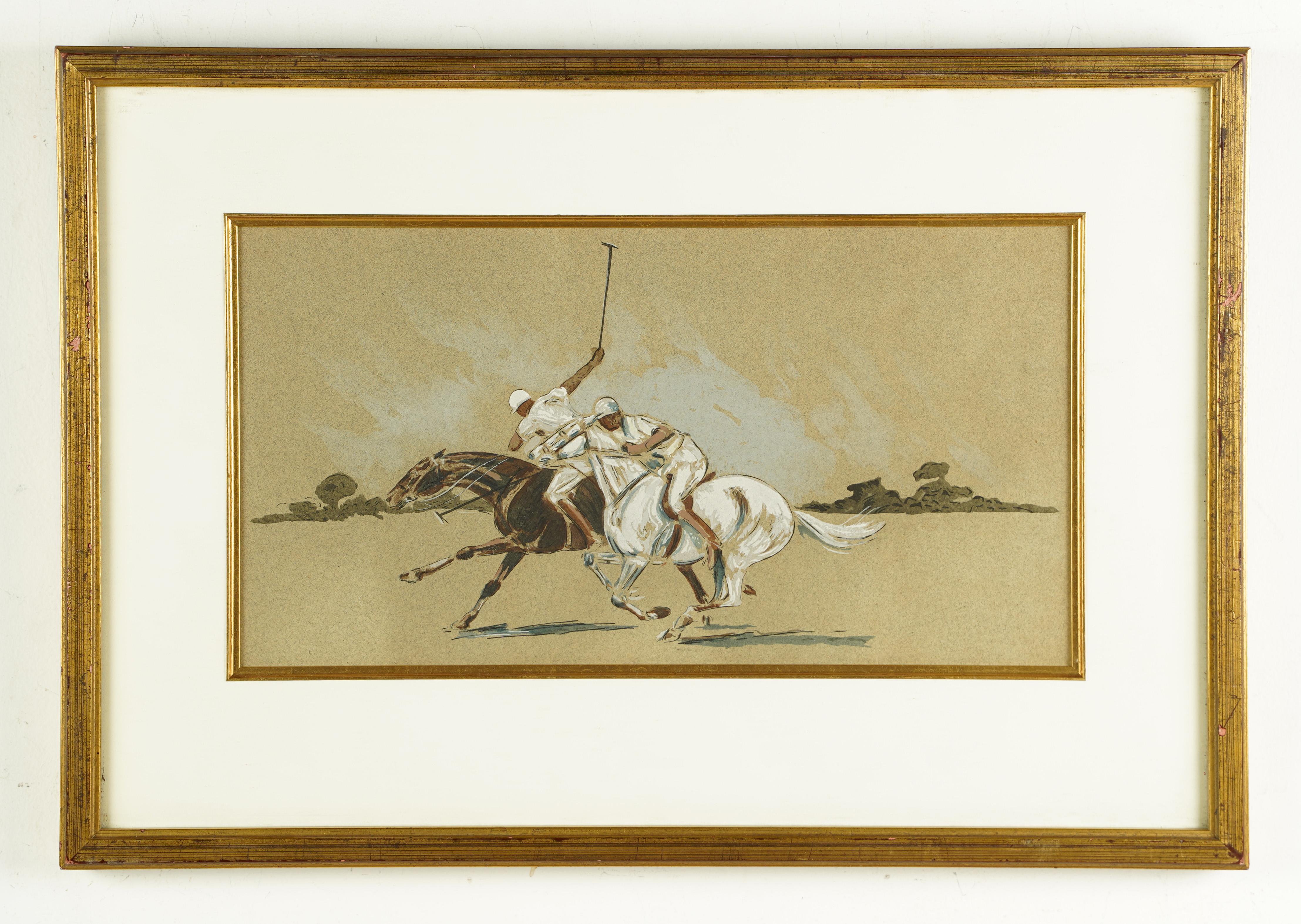 Antico dipinto originale di scuola americana con giocatori di polo, cavalli, equini e paesaggi - Painting Impressionismo di Unknown